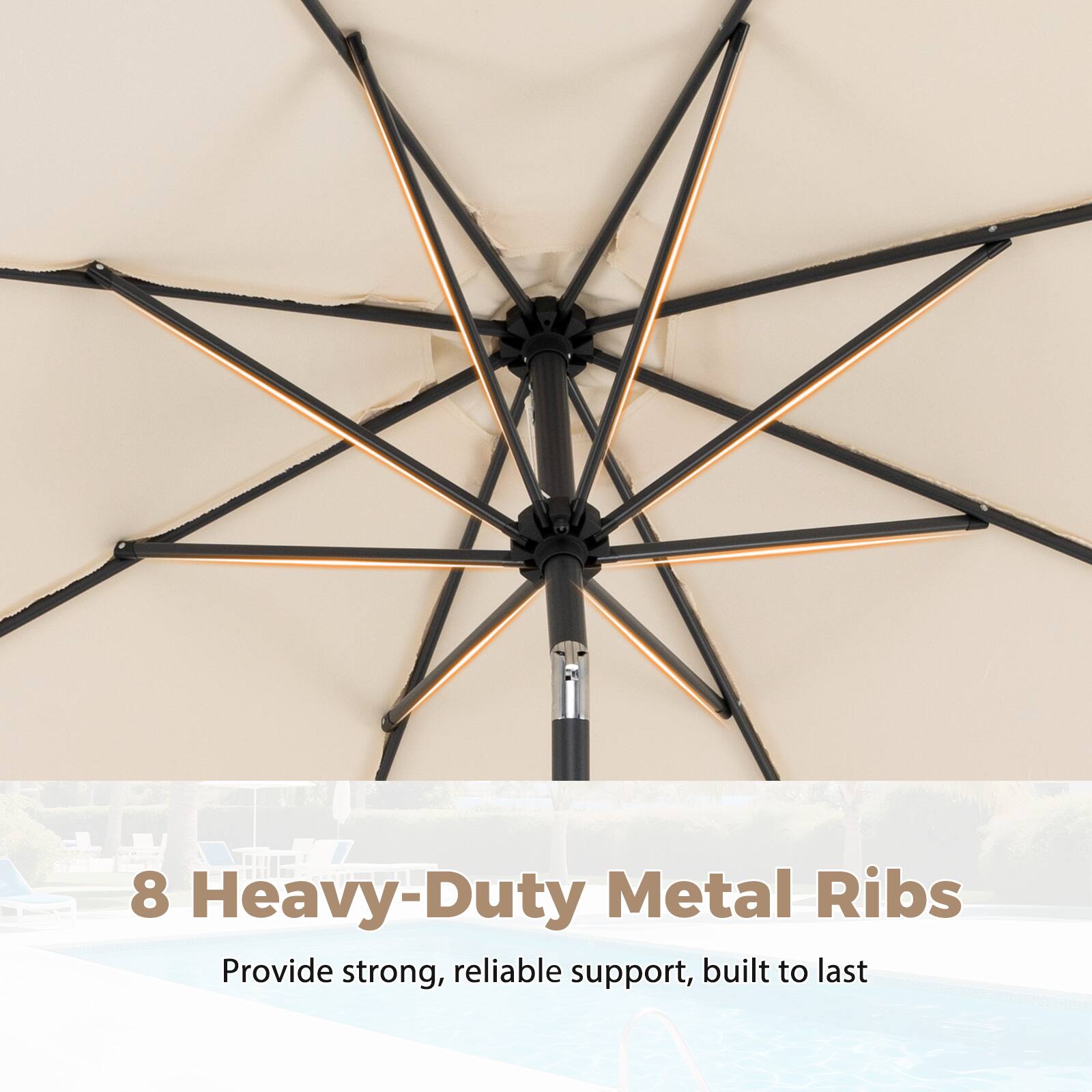 8 Heavy-Duty Metal Ribs  
Provide strong, reliable support, built to last