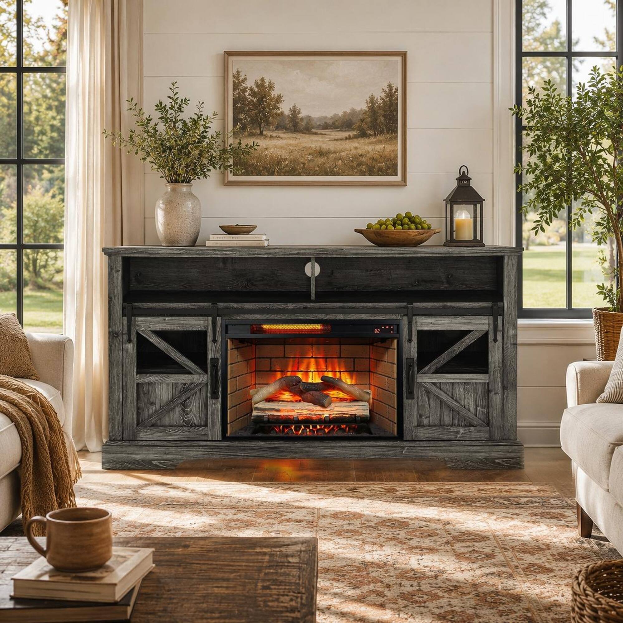 Angle. RYHNUYNE - 60" Electric Fireplace Entertainment Center with Door Sensor – Dark Rustic Oak TV Stand for TVs up to 70" - Dark Oak.