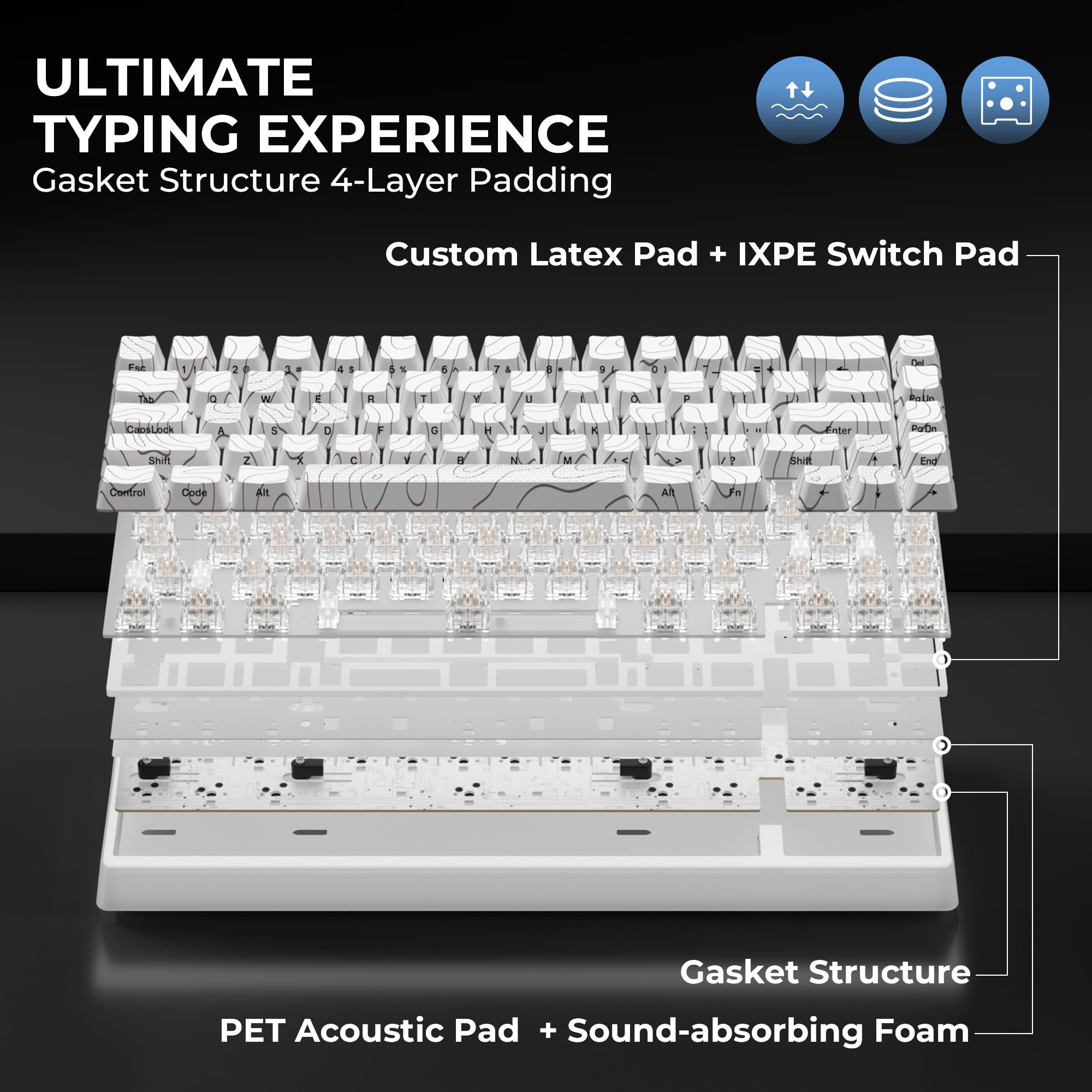 ULTIMATE TYPING EXPERIENCE  
Gasket Structure 4-Layer Padding  
Custom Latex Pad + IXPE Switch Pad  
PET Acoustic Pad + Sound-absorbing Foam