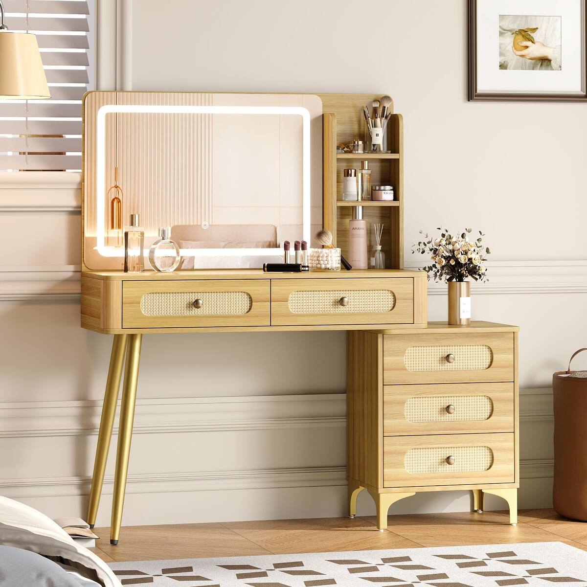 Left. Loheer - Loheer Makeup Vanity Desk with Mirror and Lights, Vintage Rattan Drawers, Natural Wood - Natural.