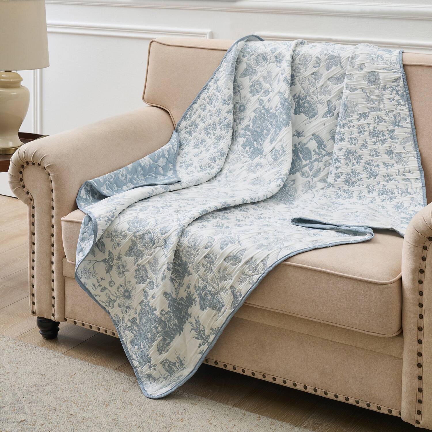 Left. Greenland Home Fashions - Greenland Home Fashion Toile Patch 100% Jacquard Woven Polyester Reversible Accessory Throw Blanket 50" x 60" Blue - Blue.