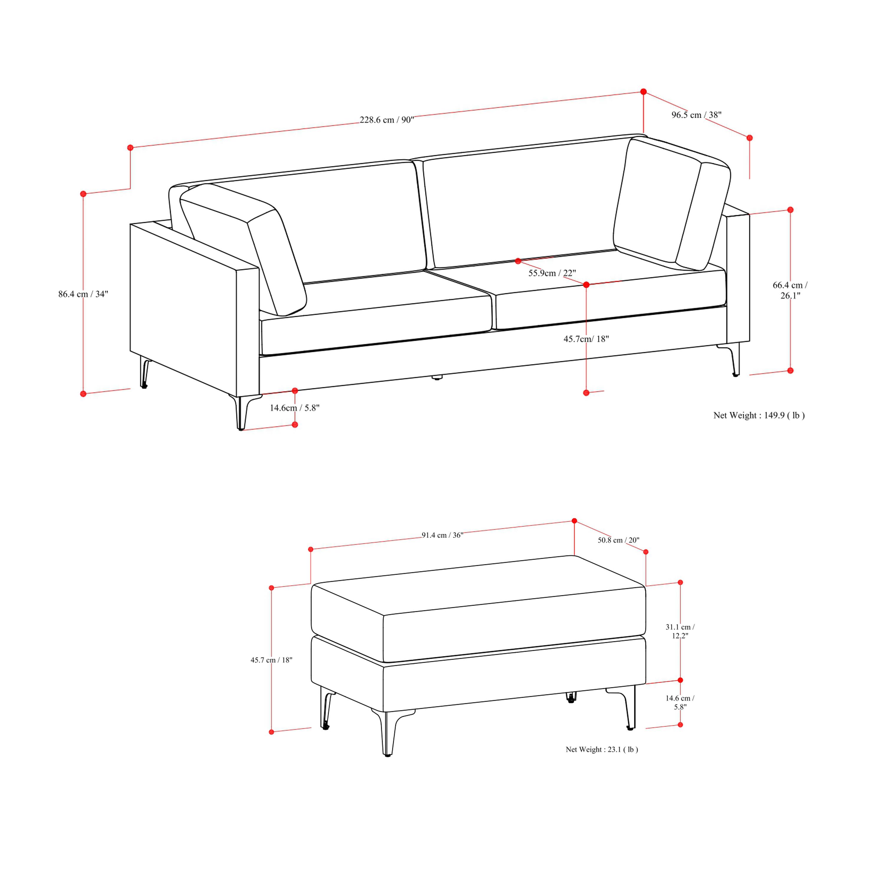 Sure, here is the corrected and grouped text from the image:

**Dimensions:**

- 228.6 cm / 90"
- 86.4 cm / 34"
- 14.6 cm / 5.8"
- 96.5 cm / 38"
- 55.9 cm / 22"
- 45.7 cm / 18"
- 66.4 cm / 26.1"
- 50.8 cm / 20"
- 31.1 cm / 12.2"
- 14.6 cm / 5.8"
- 91.4 cm
- 45.7 cm / 18"

**Net Weight:**

- 149.9 lb
- 23.1 lb

**Additional Text:**

- CH 90 96.5 TE 38 85.4 cm I H4 55.9 cm
- 22" 66.4 m 26,1" 45.7 cm 18" 14.5 cm 5