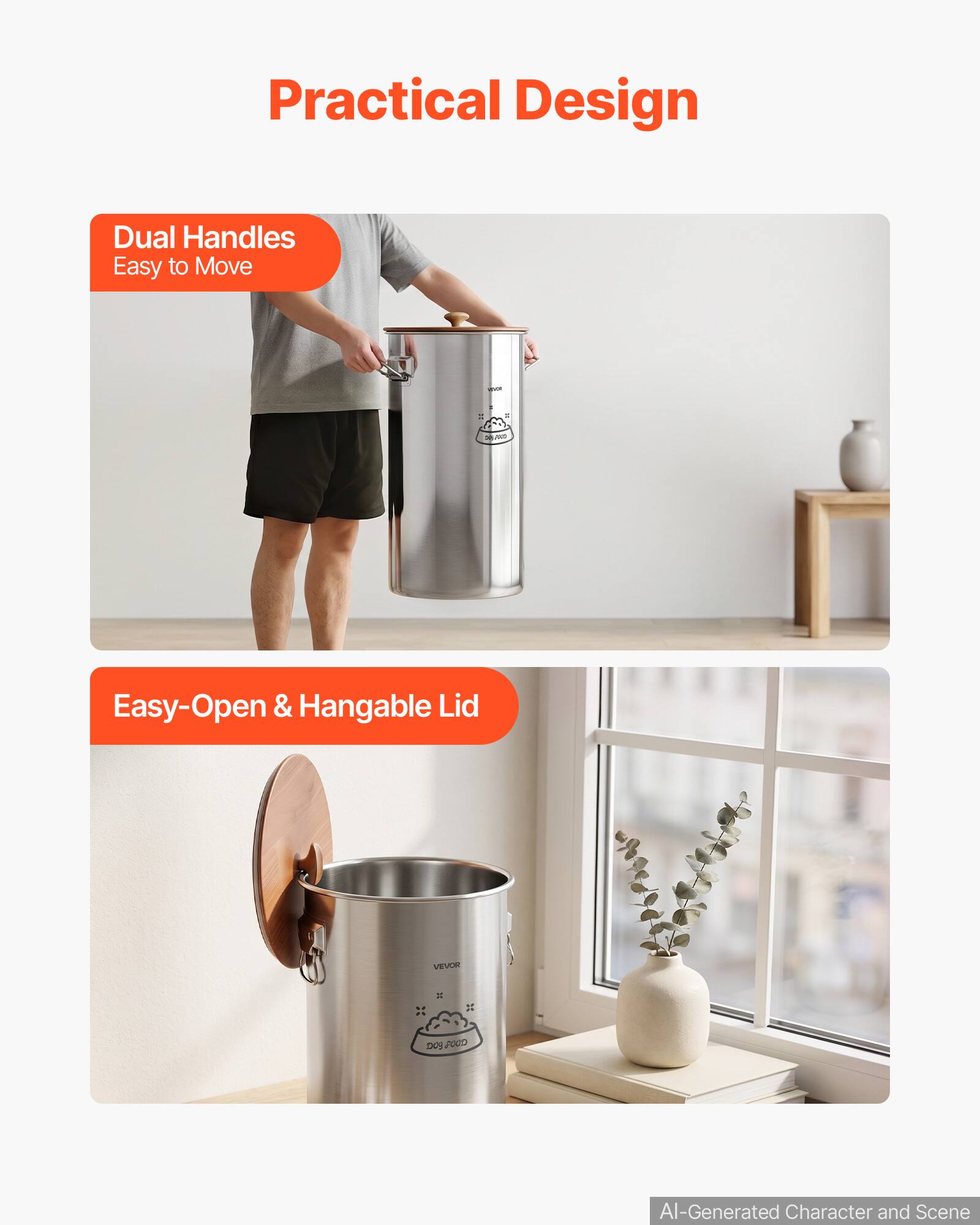 Practical Design

Dual Handles
Easy to Move

Easy-Open & Hangable Lid

VEVON
DOG FOOD

AI-Generated Character and Scene
