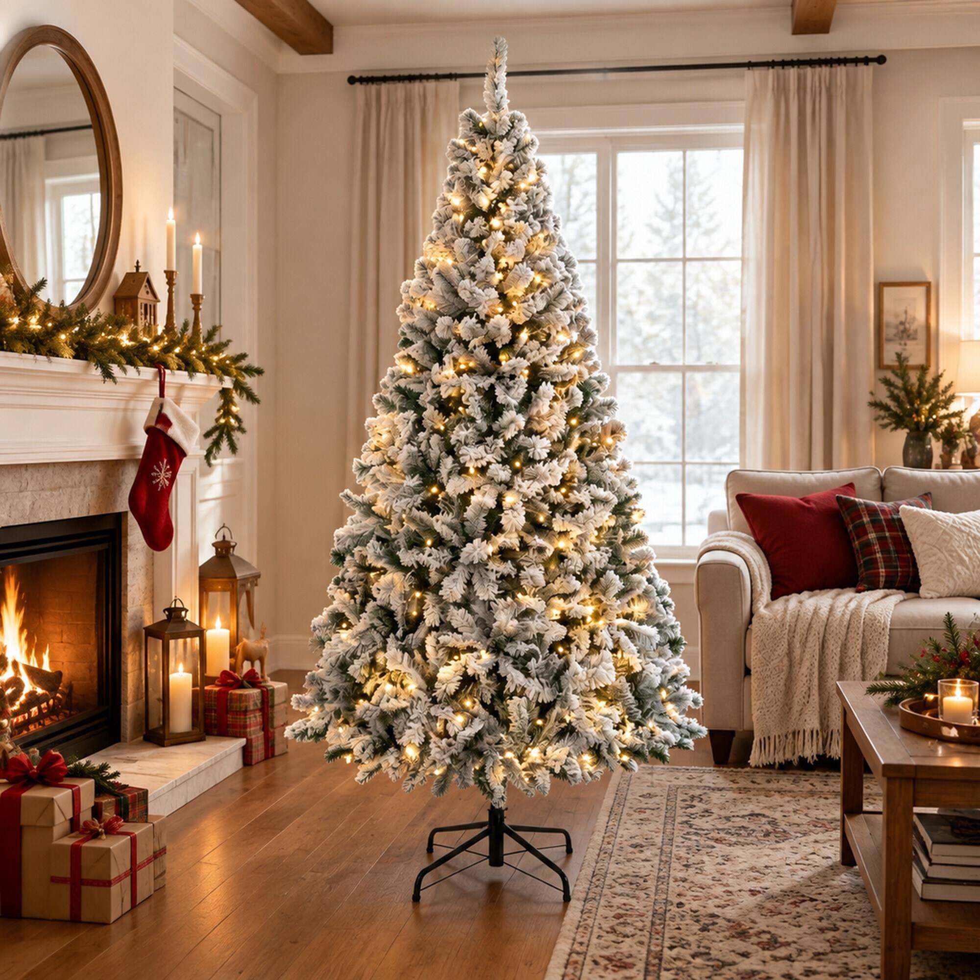 Angle. RYHNUYNE - 7.5FT Pre-Lit Flocked Fraser Fir Christmas Tree With LED Lights and Hinged Branches, Foldable Metal Base - Green.