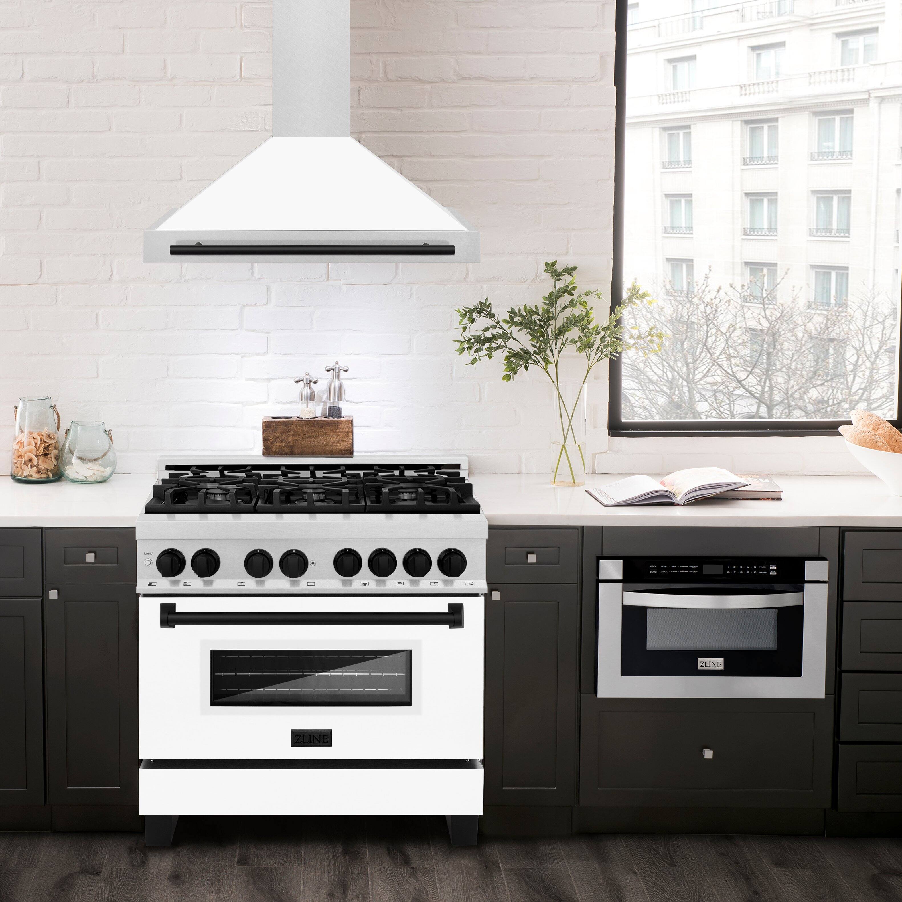 Alt View 1. ZLINE - Autograph 36 in. Convertible Satin Stainless Steel Wall Mount Range Hood with White Matte Shell and Matte Black Handle - Stainless steel.
