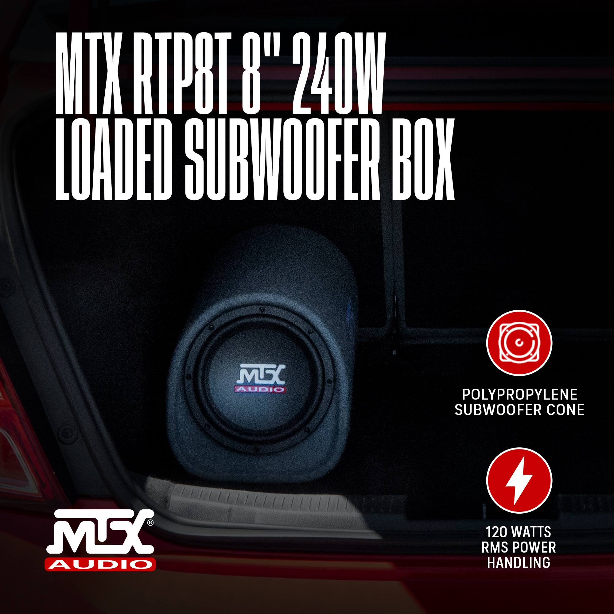 MTX RTP8T 8" 240W LOADED SUBWOOFER BOX

- POLYPROPYLENE SUBWOOFER CONE
- 120 WATTS RMS POWER HANDLING