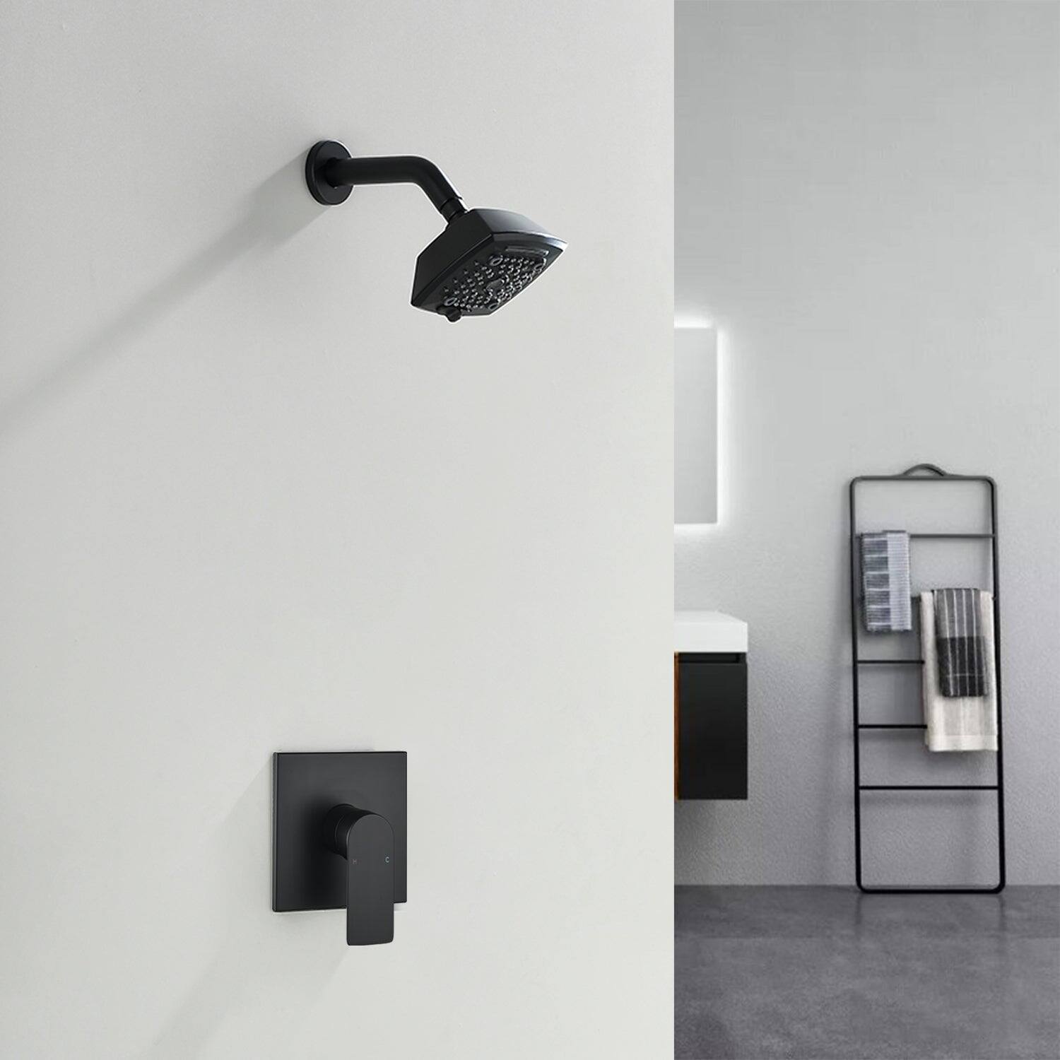 Alt View 4. Boyel Living - Black Brass Shower Faucet Set cUPC Pressure Balance Valve 5-Function ABS Top Spray 1/2NPT Thread - Matte Black.