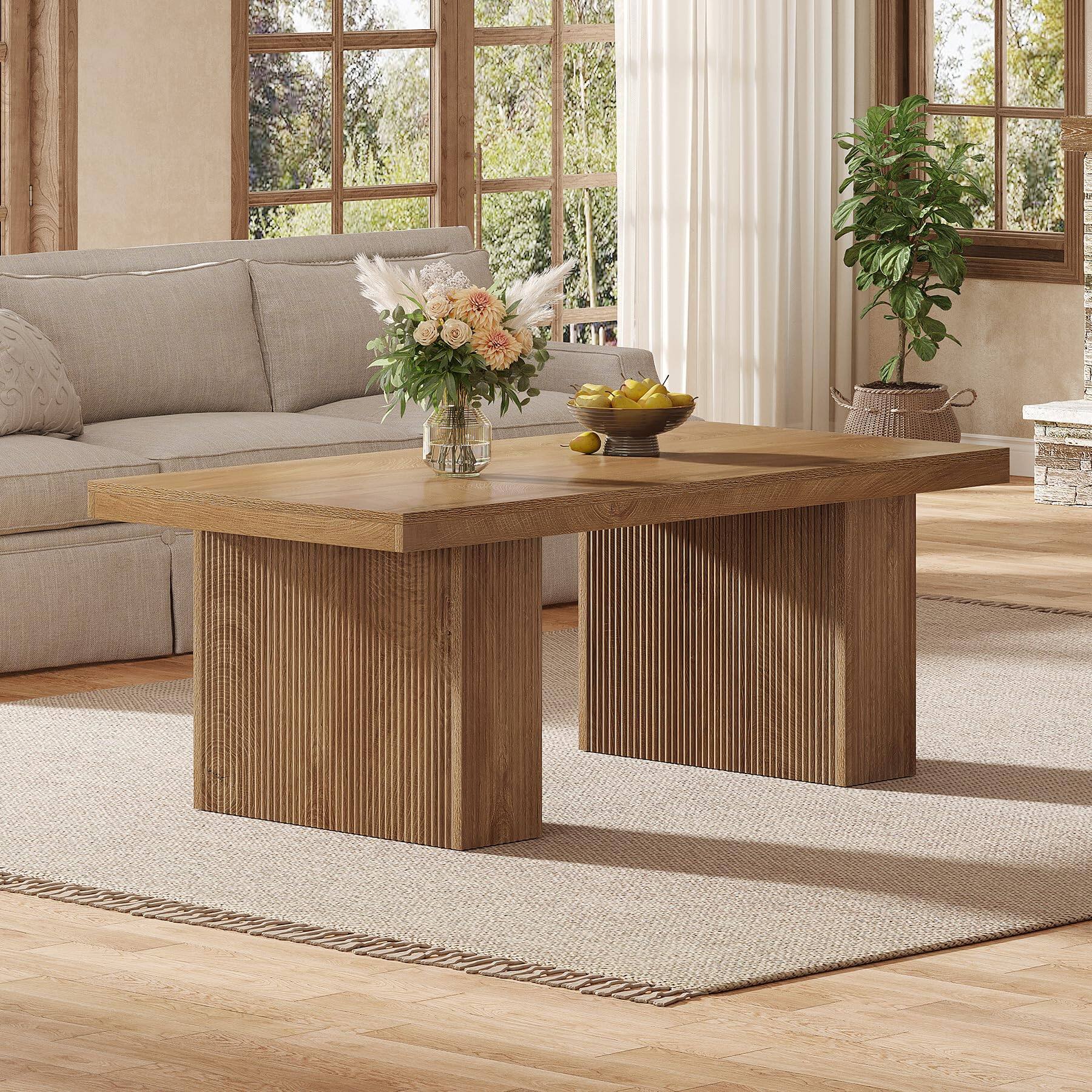 Alt View 3. Tribesigns - Farmhouse Coffee Table, 47.24 Inch Rectangle Center Table with Large Tabletop & Thick Base, Rustic Wooden Furniture for - Brown.