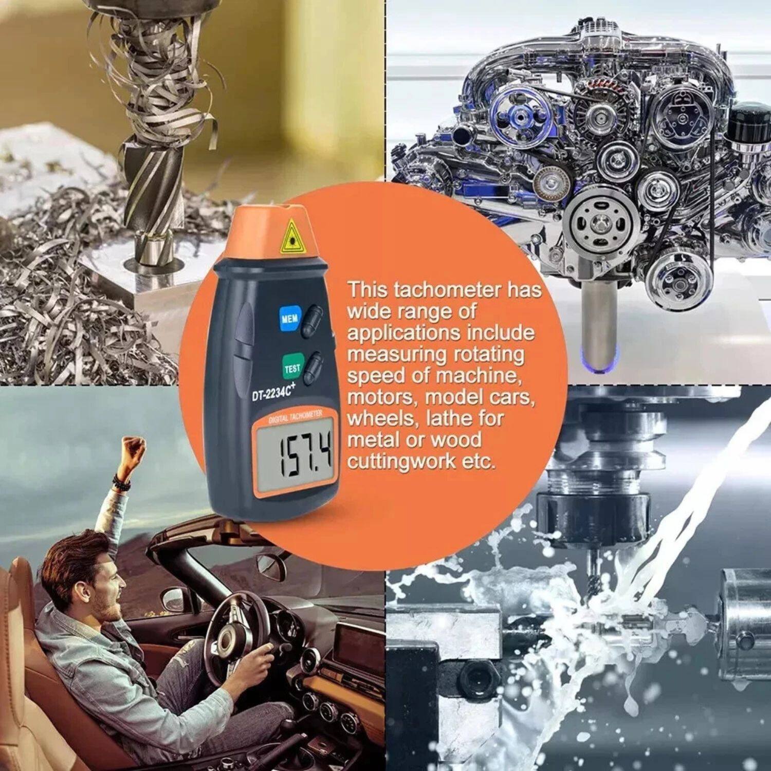 This tachometer has a wide range of applications, including measuring the rotating speed of machines, motors, model cars, wheels, lathes for metal or wood cutting work, etc.