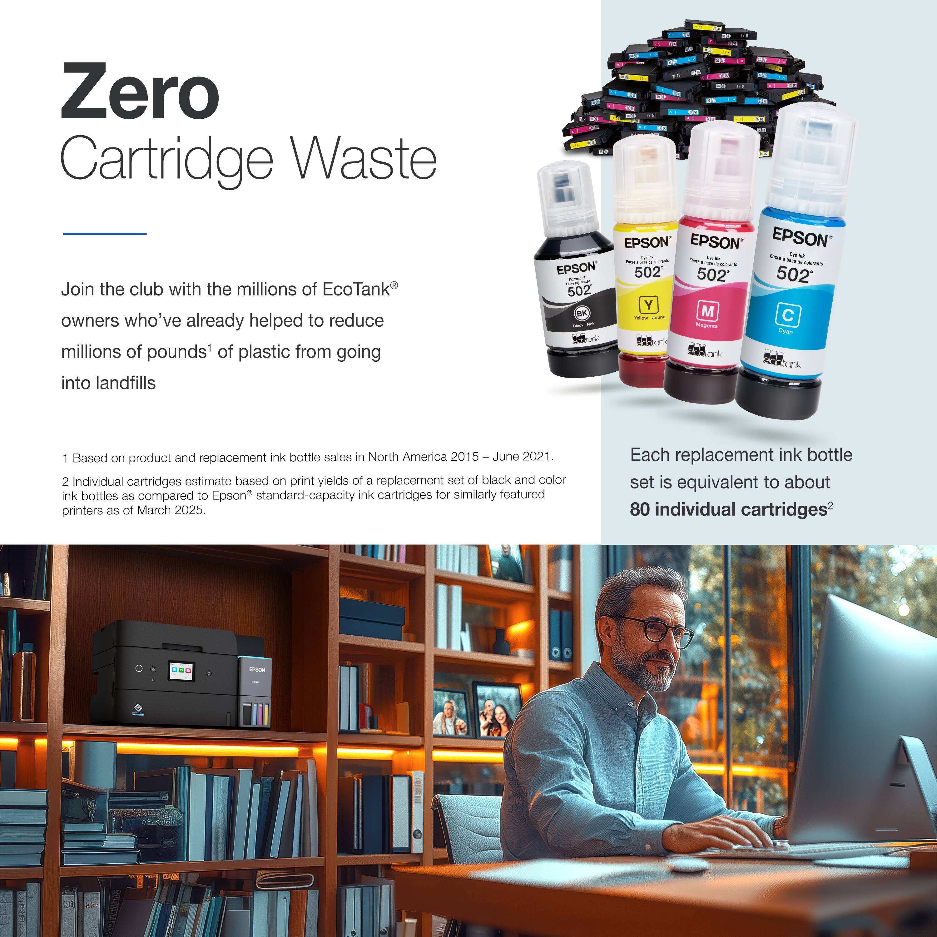 Zero Cartridge Waste

Join the club with the millions of EcoTank owners who've already helped to reduce millions of pounds of plastic from going into landfills.

1. Based on product and replacement ink bottle sales in North America 2015 – June 2021.
2. Individual cartridges estimate based on print yields of a replacement set of black and color ink bottles as compared to Epson standard-capacity ink cartridges for similarly featured printers as of March 2025.

Each replacement ink bottle set is equivalent to about 80 individual cartridges.