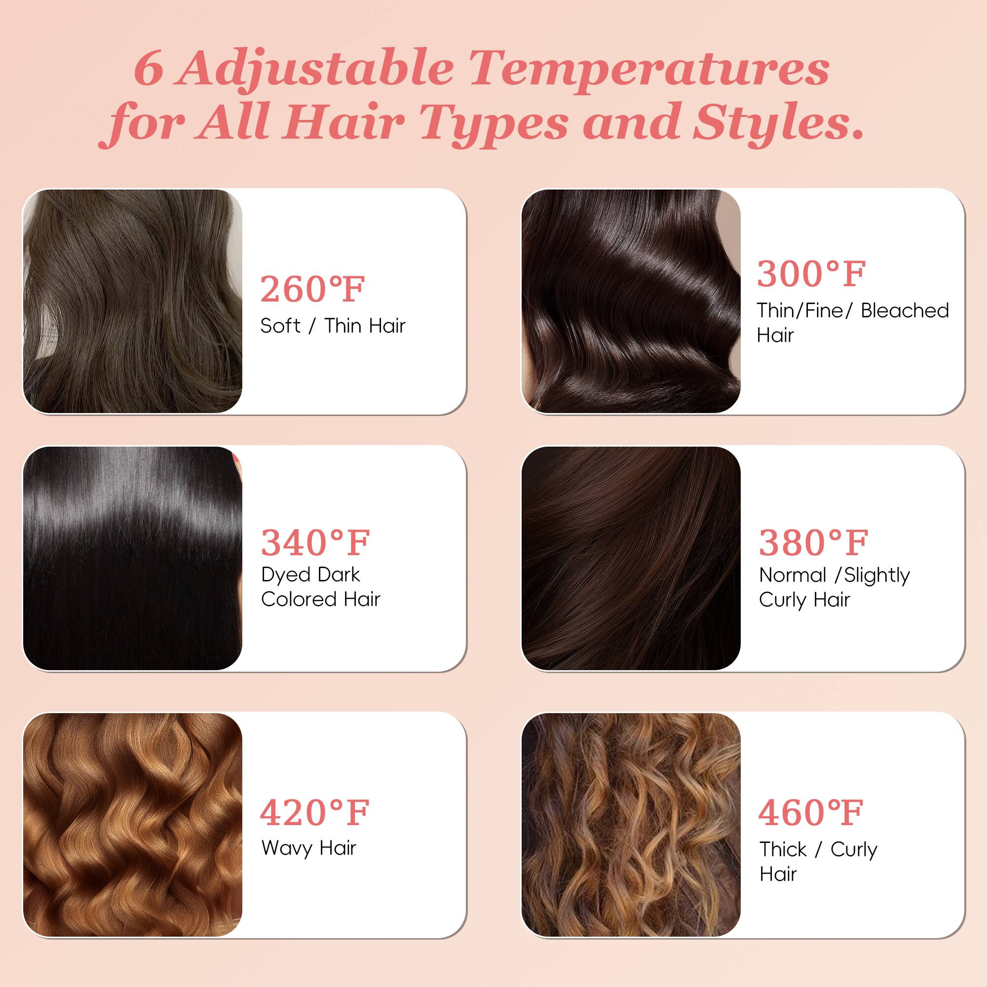 6 Adjustable Temperatures for All Hair Types and Styles.

260°F Soft / Thin Hair
300°F Thin/Fine/ Bleached Hair
340°F Dyed Dark Colored Hair
380°F Normal /Slightly Curly Hair
420°F Wavy Hair
460°F Thick / Curly Hair