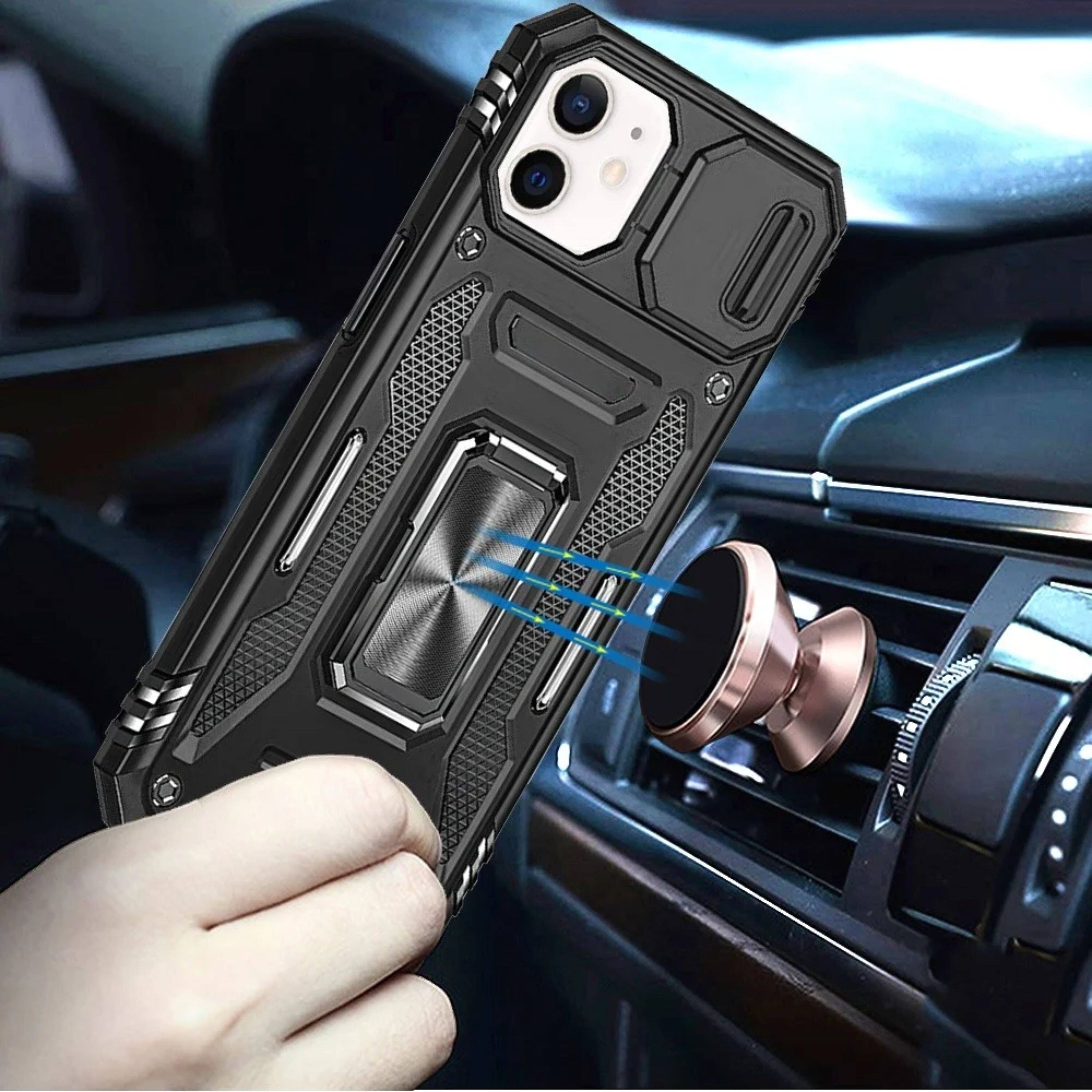 Left. Kitcheniva - Dual Layer Shockproof Sliding Lens Cover Magnetic Ring Stand Phone Case With Tempered Glass For iPhone 12/12 Pro Black - Black.