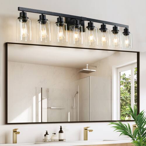 Left. LUCKY ONE - 51in Wall Mount Vanity Light, 8-Light Industrial Sconce with Clear Glass Shades for Bathroom - Black.