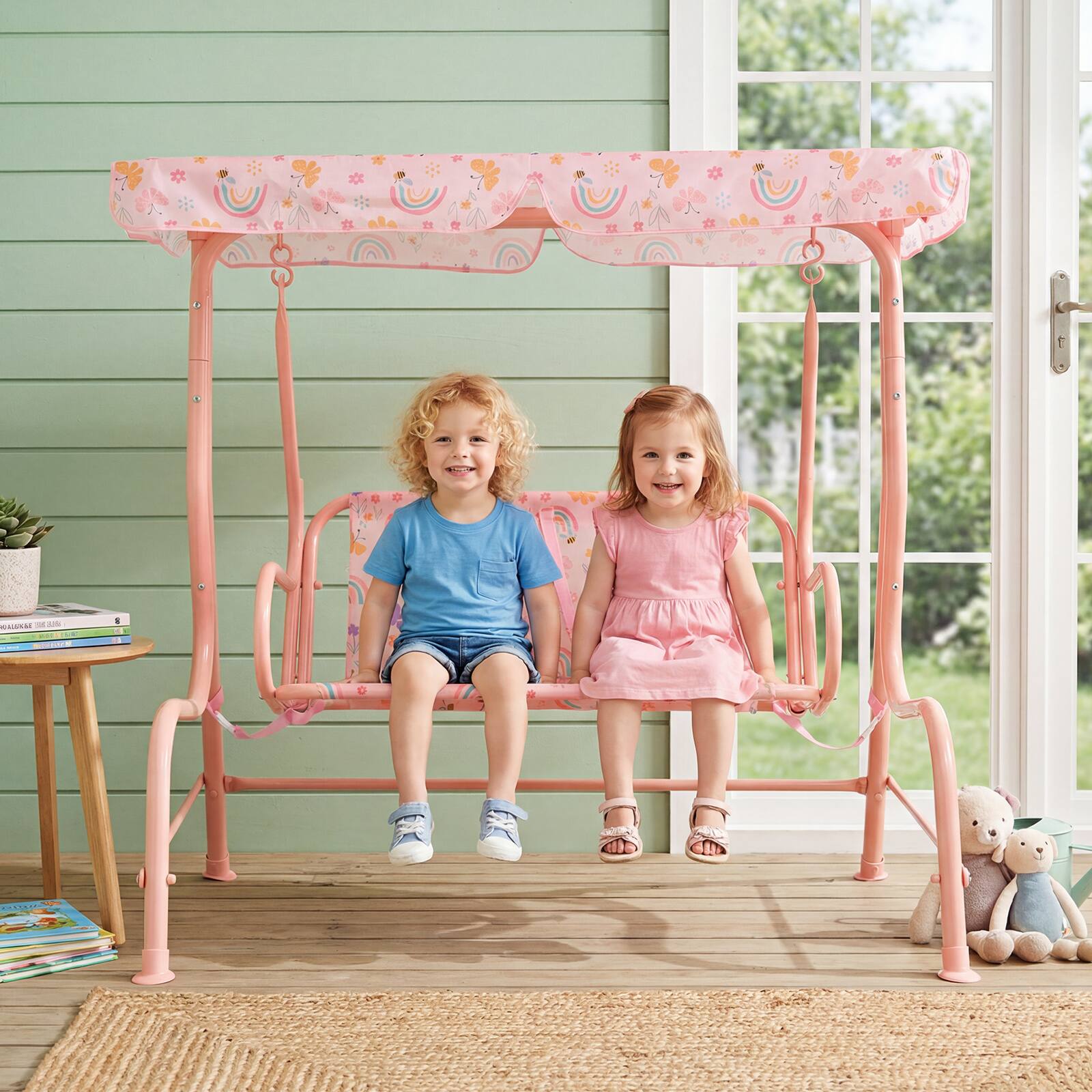 Alt View 1. Costway - Costway Kids Patio Swing,2-Seater Outdoor Porch Swing Lounge Chair with Adjustable Canopy - Pink.