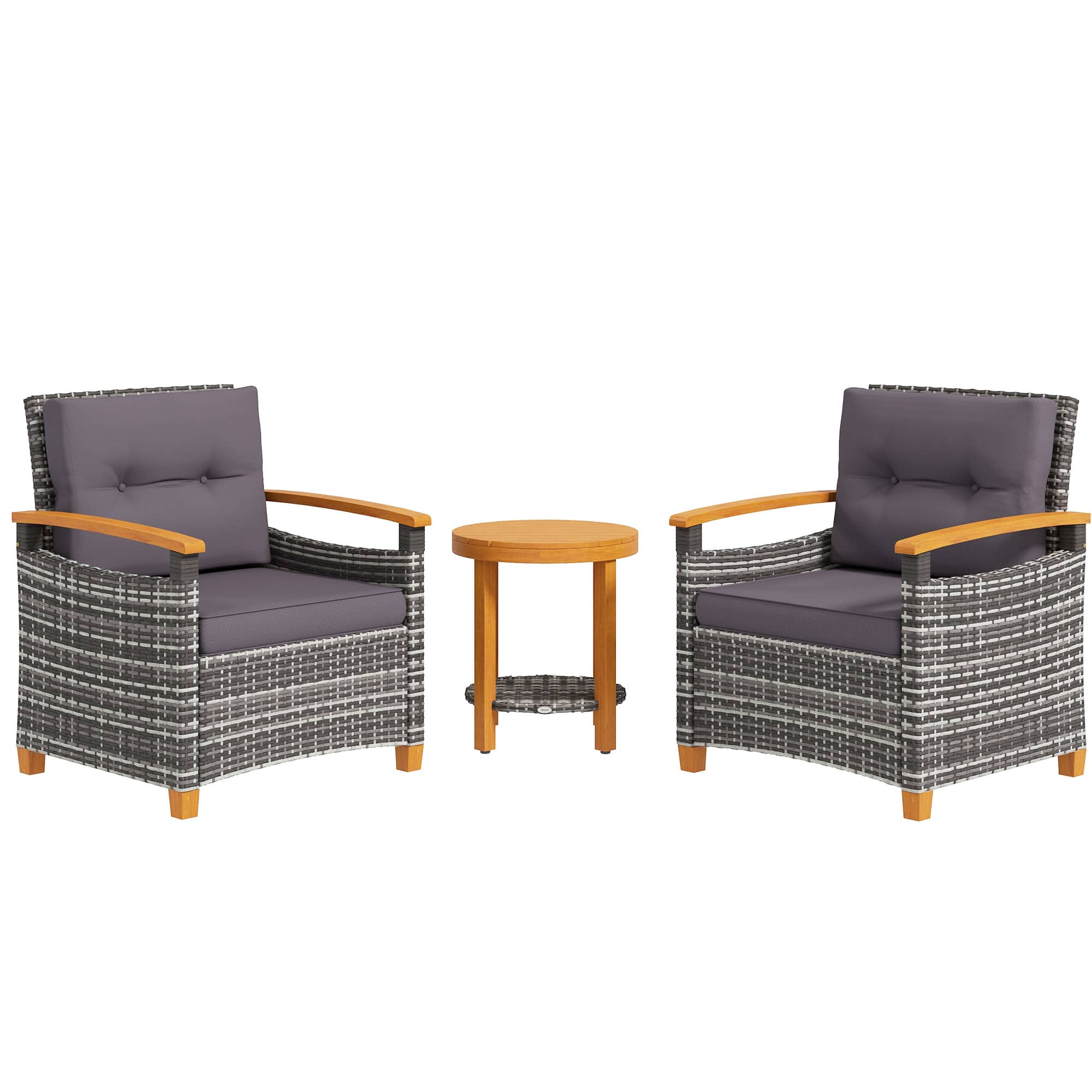Outsunny - 3 Pieces Wicker Outdoor Bistro Set, Rattan Patio Furniture Set with Acacia Wood Coffee Table and Porch Chairs - Gray