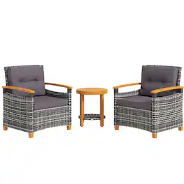 Outsunny - 3 Pieces Wicker Outdoor Bistro Set, Rattan Patio Furniture Set with Acacia Wood Coffee Table and Porch Chairs - Gray