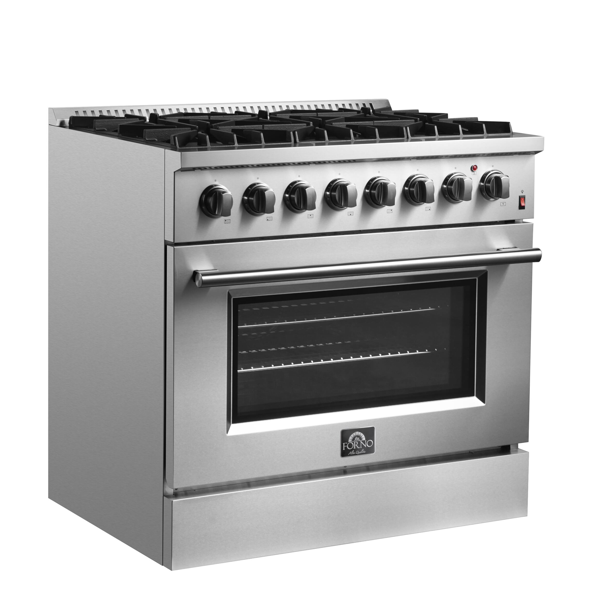 Left. Forno Appliances - Marco 5.36 Cu. Ft. Freestanding Dual Fuel Convection Range with Dual Ring Burner - Silver.