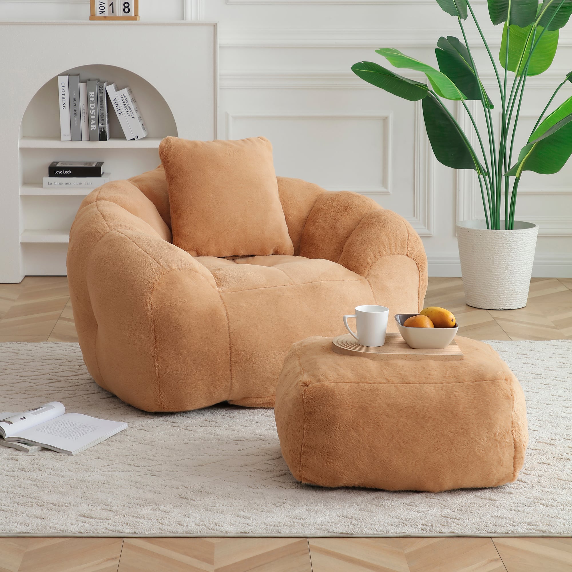 GOODSILO - Oversized Shell-Shaped Faux Fur Bean Bag Chair with Matching Footstool for Living Room and Bedroom Lounging - khaki