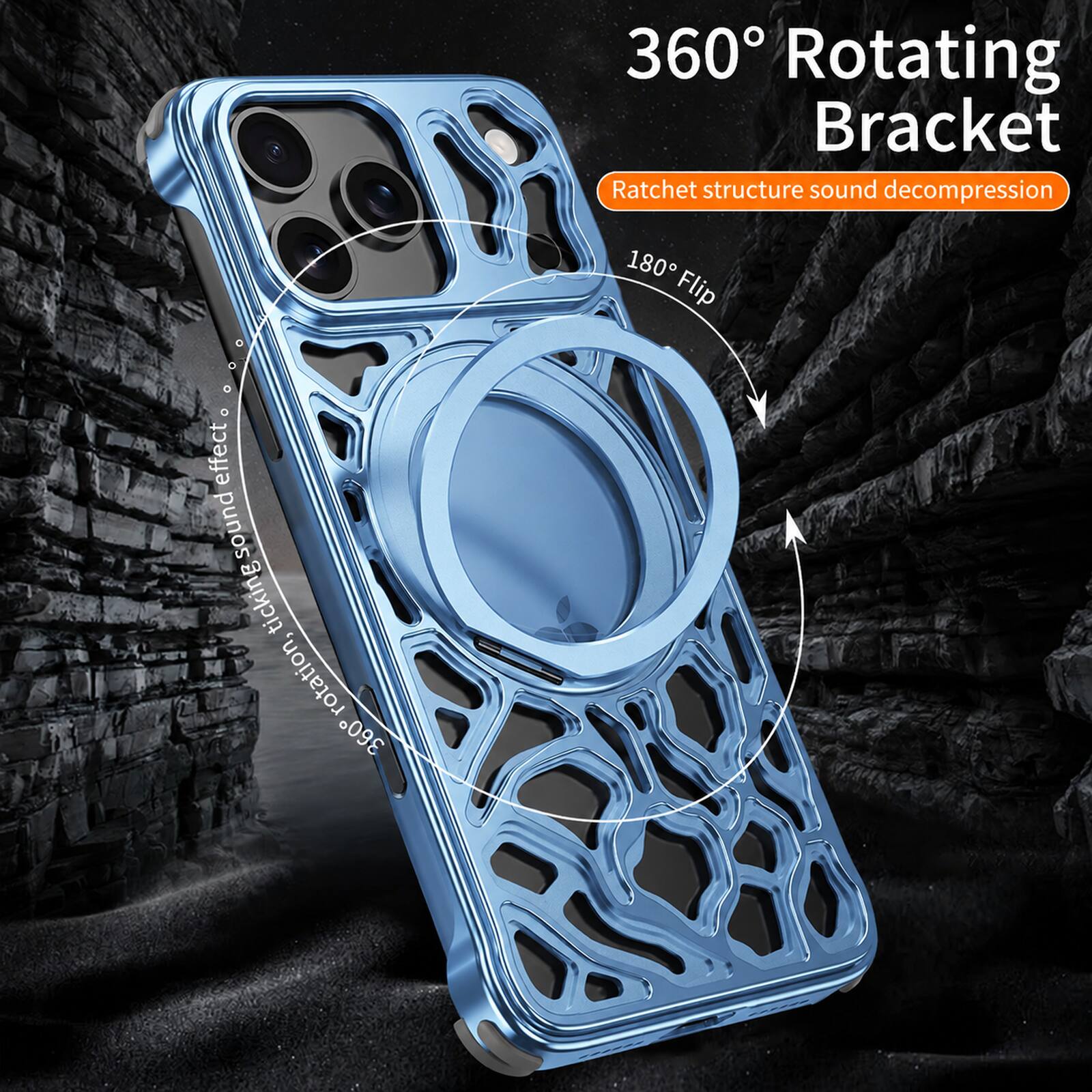 360° Rotating Bracket  
Ratchet structure sound decompression  
180° Flip  
effect sound ticking rotation, 360