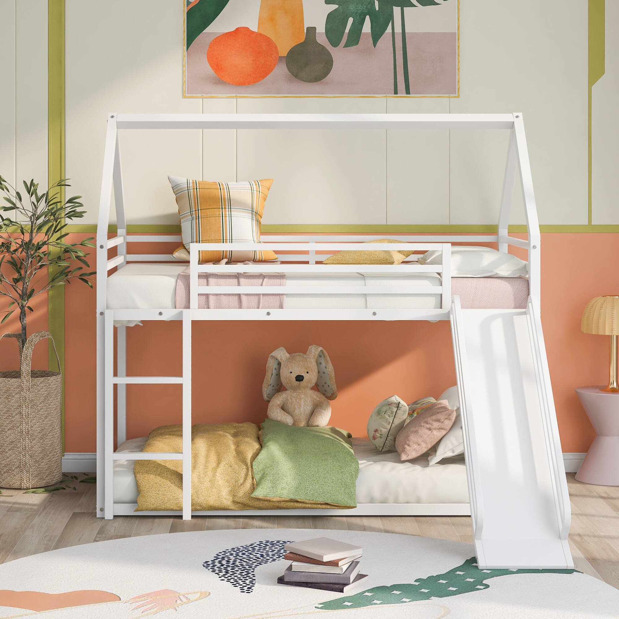 Angle. GOODSILO - Twin Over Twin Playhouse Bunk Bed with Convertible Slide and Ladder for Kids - White.