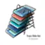 The image features a stack of books with a notebook on top, all placed on a black rack. The books are of various sizes and colors, and they are neatly organized on the rack. The notebook is placed on top of the stack, making it easily accessible for anyone who needs to use it. The trays slide out for easy access, allowing the user to quickly grab the desired book or notebook without having to remove the entire stack. This arrangement is ideal for organizing and storing books in a space-saving manner.