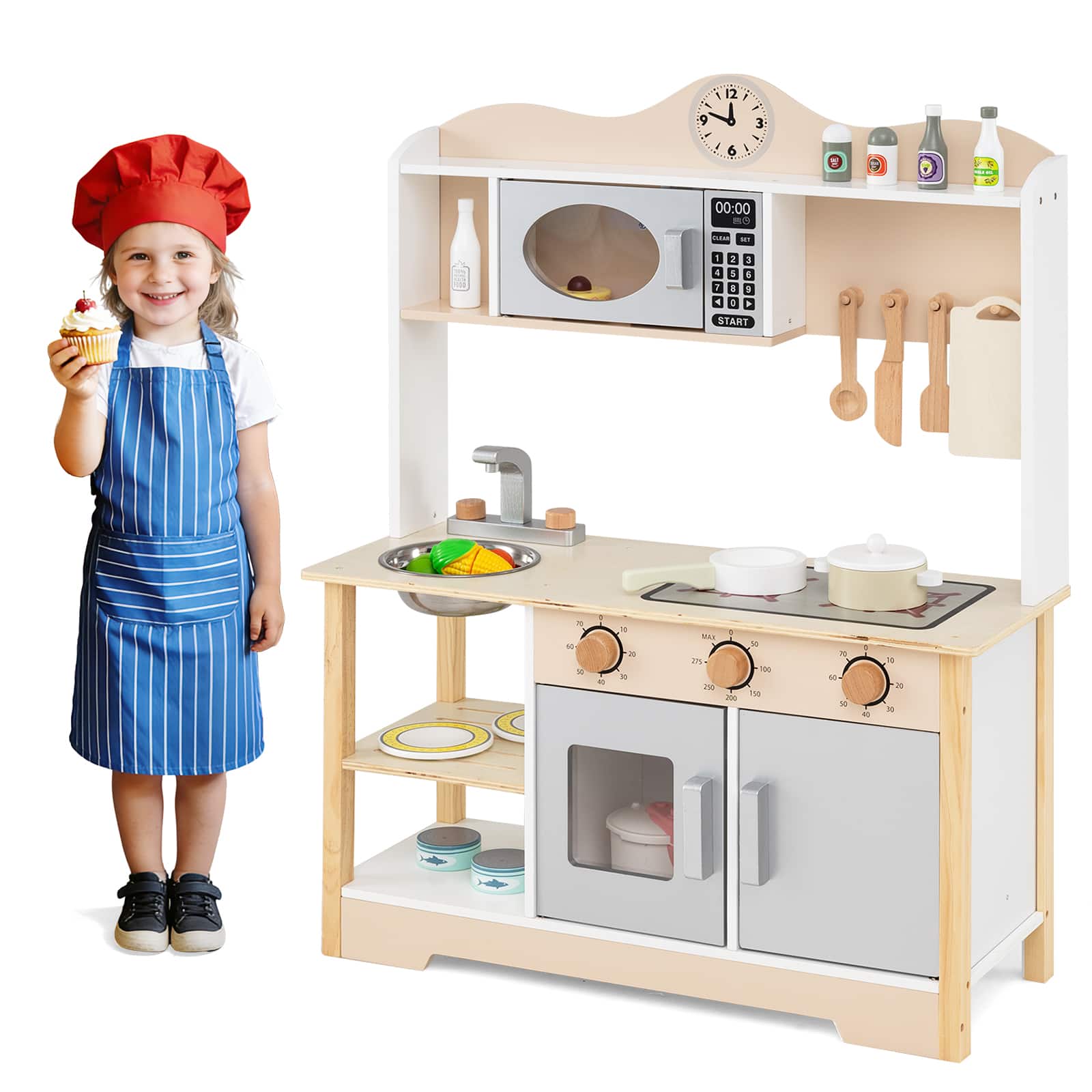 Gymax - Wooden Play Kitchen for Kids Cooking Toy Playset w/ Microwave Stove Dish Rack - White