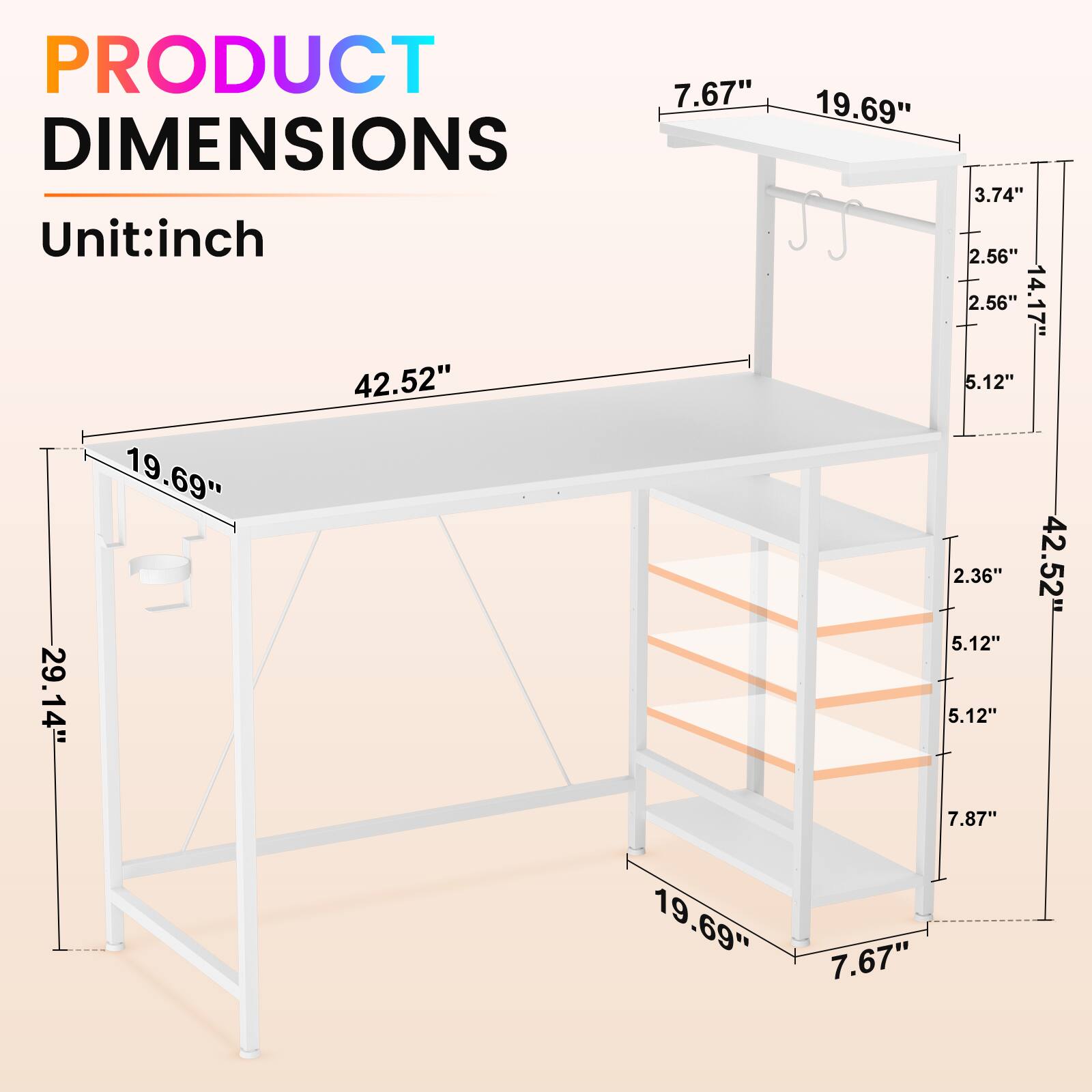 PRODUCT DIMENSIONS  
Unit: inch  

- 7.67"  
- 19.69"  
- 3.74"  
- 2.56"  
- 2.56"  
- 14.17"  
- 42.52"  
- 5.12"  
- 2.36"  
- 42.52"  
- 5.12"  
- 29.14"  
- 5.12"  
- 7.87"