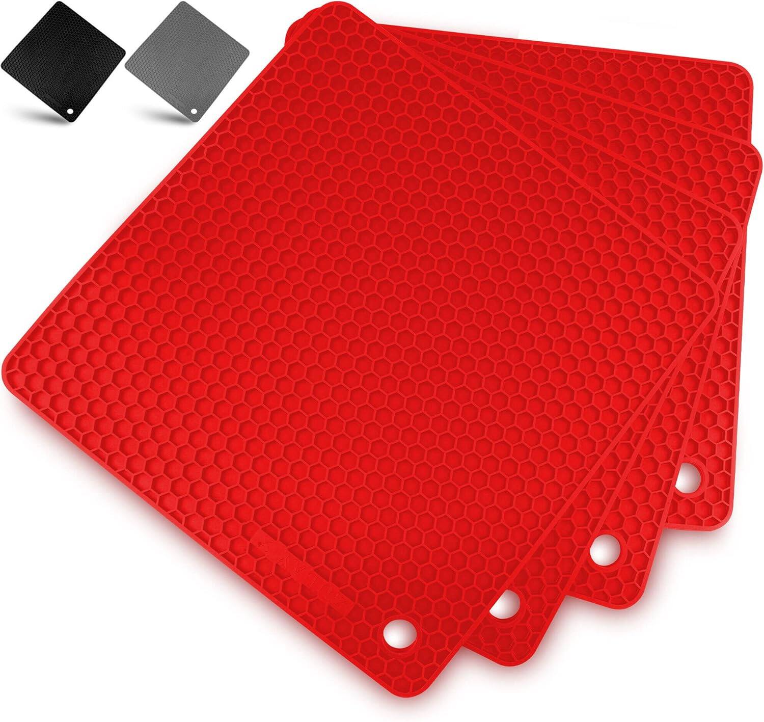 Zulay Kitchen - 4 Pack Silicone Trivets - 7x7 Inch Silicone Pot Holders & Coasters - Red