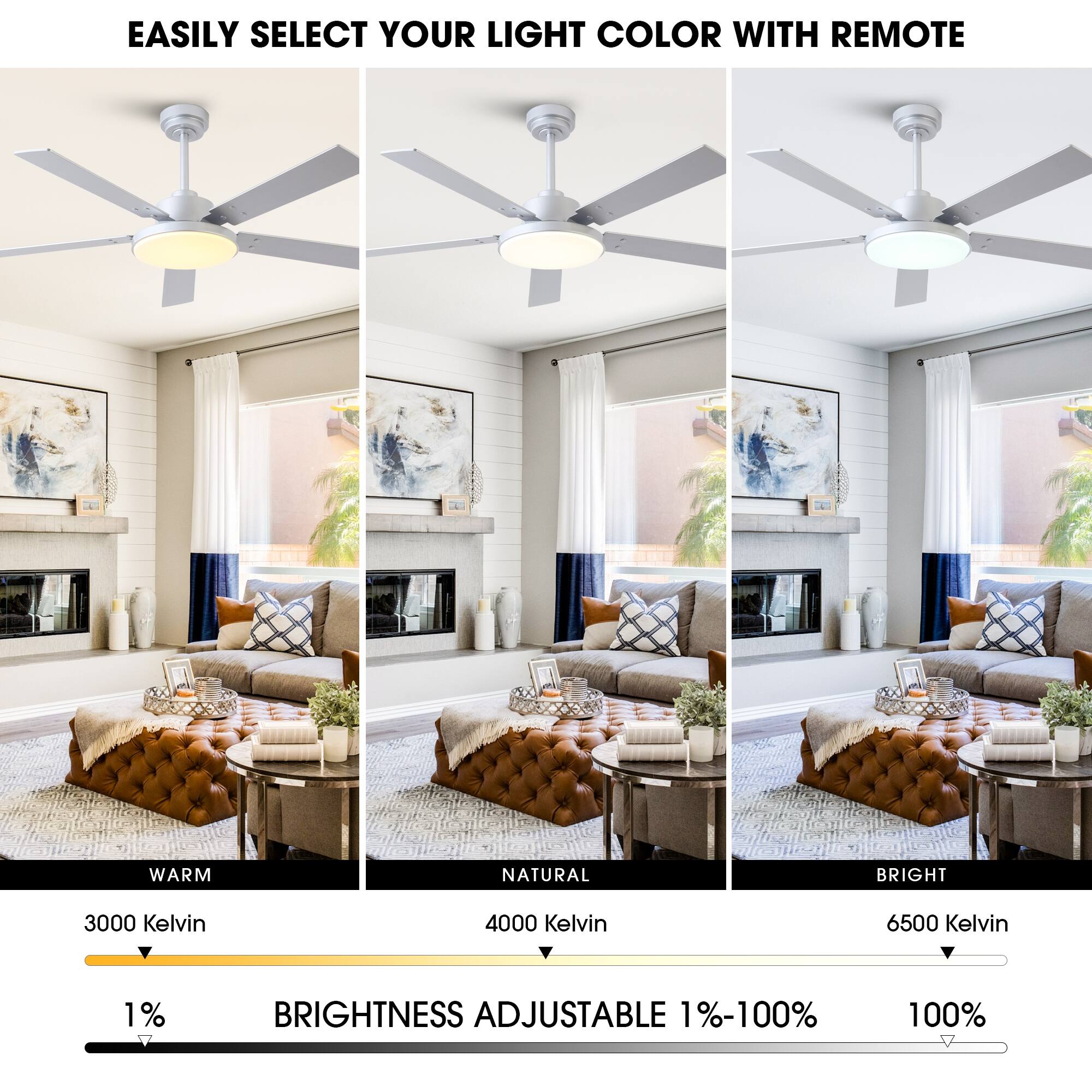 EASILY SELECT YOUR LIGHT COLOR WITH REMOTE

WARM  
3000 Kelvin  
1%

NATURAL  
4000 Kelvin  
BRIGHTNESS ADJUSTABLE 1%-100%

BRIGHT  
6500 Kelvin  
100%