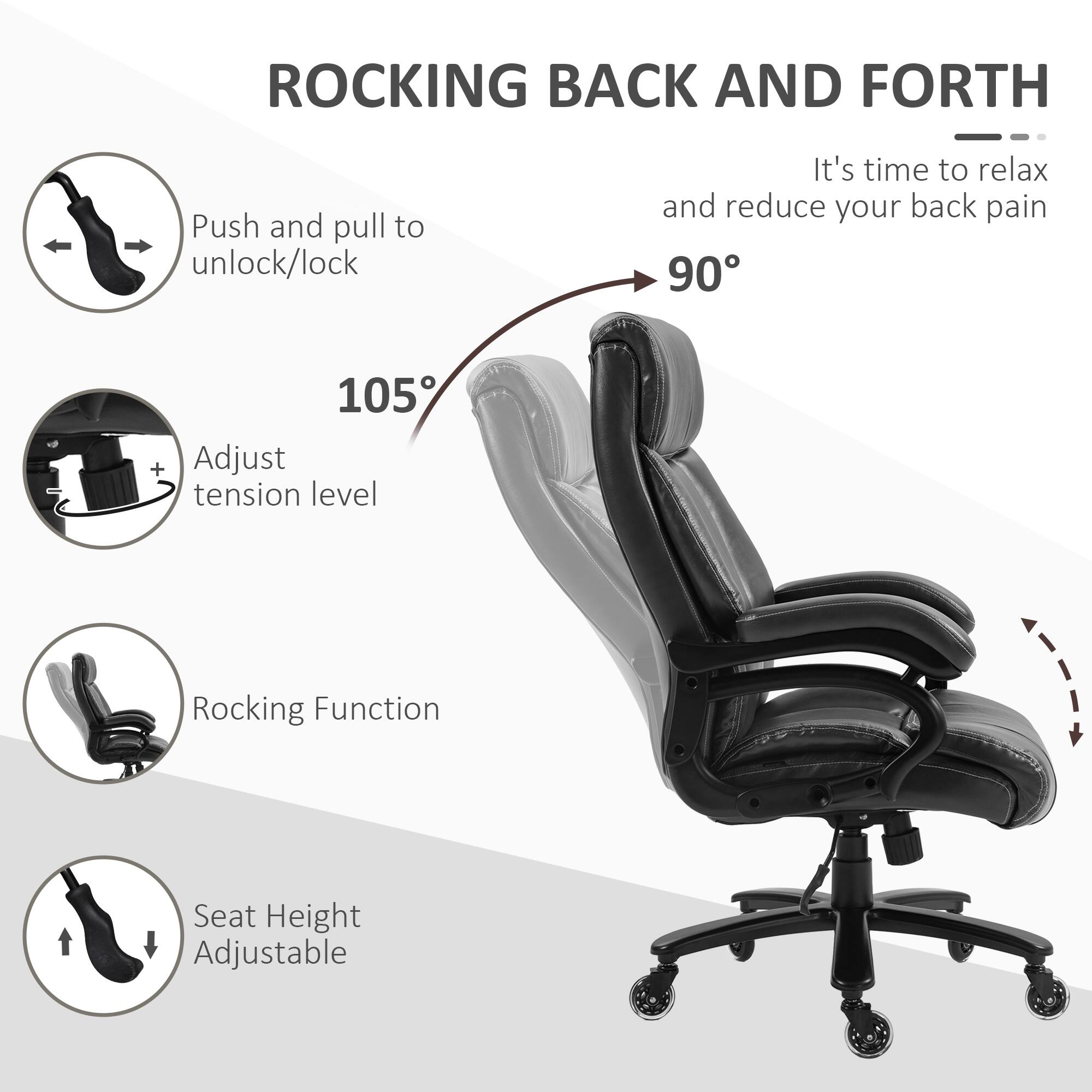 ROCKING BACK AND FORTH
Push and pull to unlock/lock
It's time to relax and reduce your back pain
105°
+ Adjust tension level
Rocking Function
Seat Height Adjustable