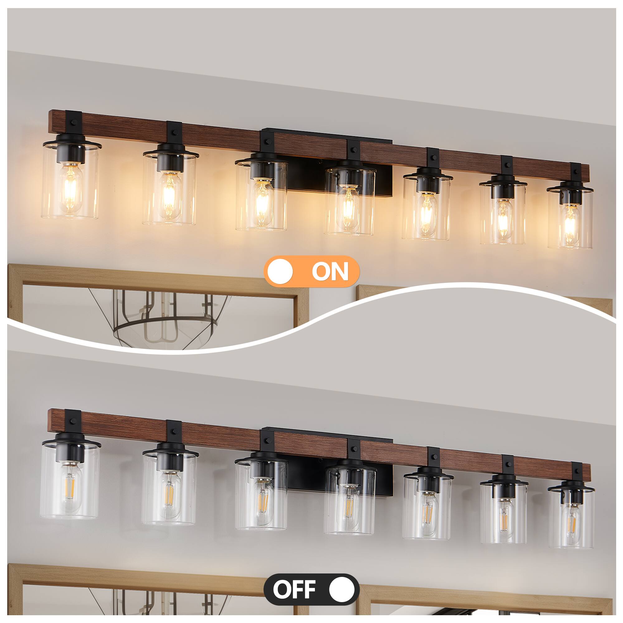 Alt View 1. APRILSOUL - 50 Inch Rustic 7-Light Vanity Light Industrial Bathroom Wall Sconce with Glass Shades and Wood Accent No Bulbs.