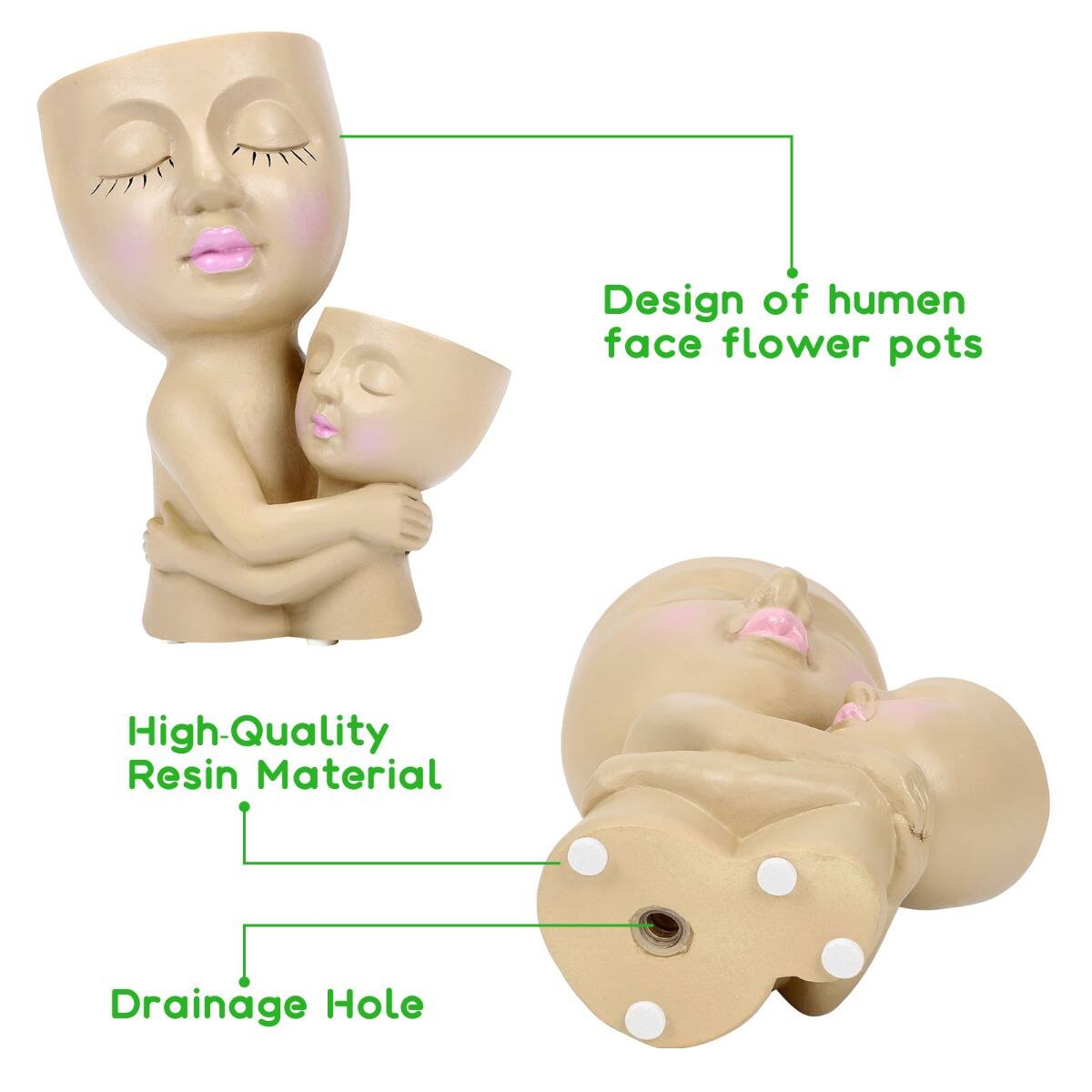 Design of human face flower pots  
High-Quality Resin Material  
Drainage Hole