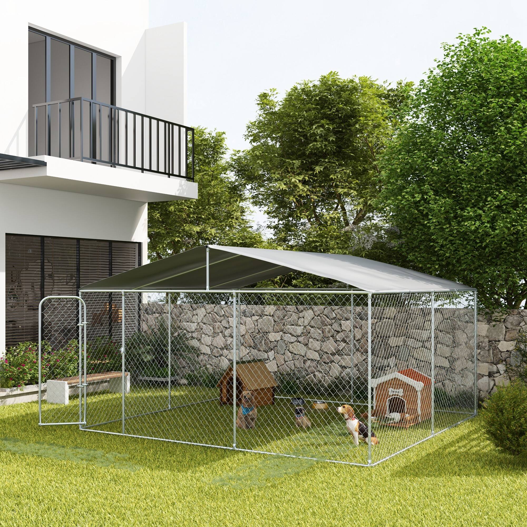 Angle. Pawhut - Large Dog Kennel Outside, Heavy Duty Cage, Waterproof Cover, Fence Run, Galvanized Chain Link, Secure Lock, 15'x15'x7.5'.