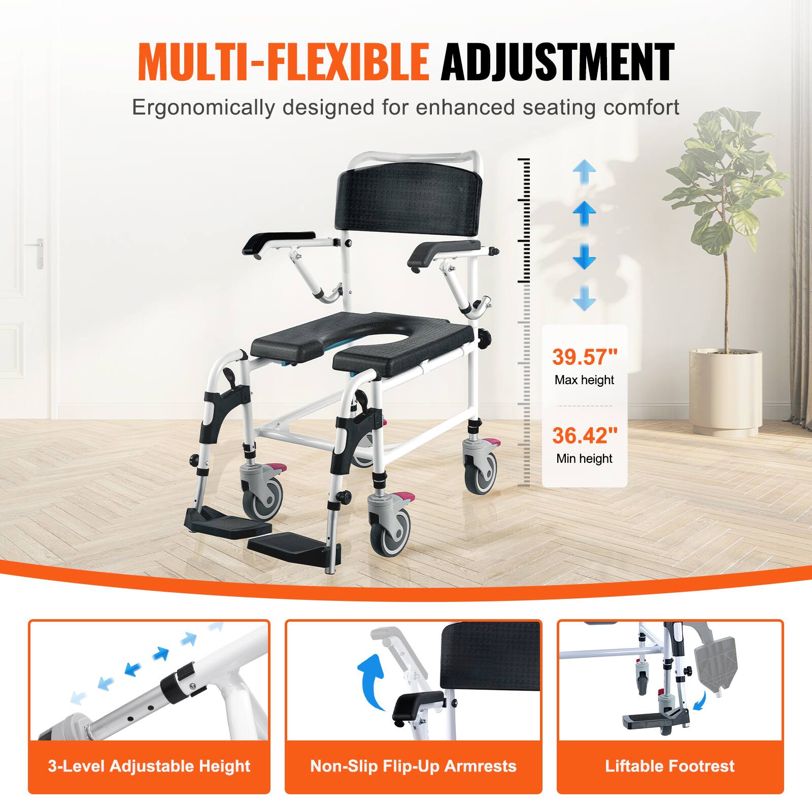 MULTI-FLEXIBLE ADJUSTMENT, Ergonomically designed for enhanced seating comfort, 39.57" Max height, 36.42" Min height, 3-Level Adjustable Height, Non-Slip Flip-Up Armrests, Liftable Footrest