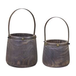 BreeBe - Natural Wooden Pail Planter with Metal Handle Accent (Set of 2) - Brown