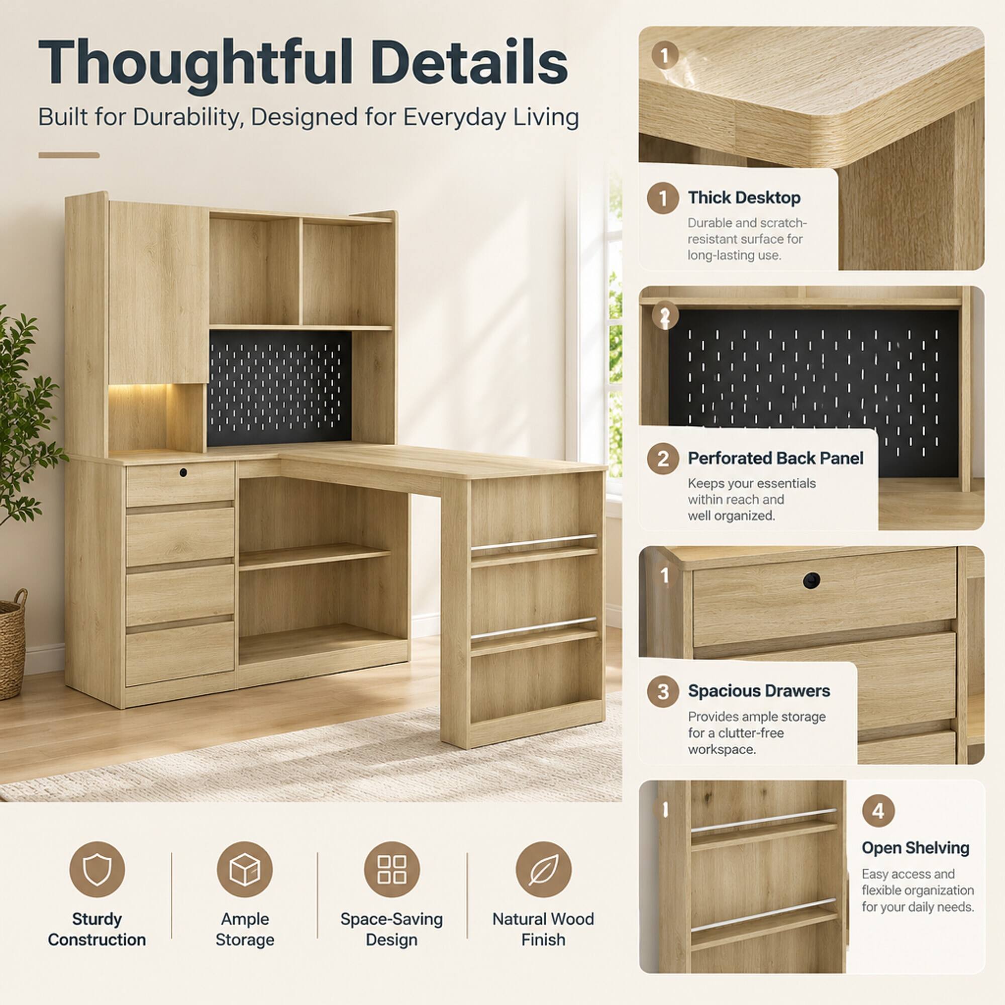 Thoughtful Details  
Built for Durability, Designed for Everyday Living

1. Thick Desktop  
Durable and scratch-resistant surface for long-lasting use.

2. Perforated Back Panel  
Keeps your essentials within reach and well organized.

3. Spacious Drawers  
Provides ample storage for a clutter-free workspace.

4. Open Shelving  
Easy access and flexible organization for your daily needs.

Sturdy Construction  
Ample Storage  
Space-Saving Design  
Natural Wood Finish