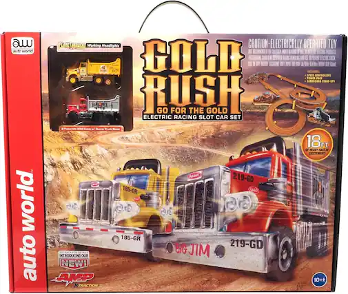auto world
GOLD RUSH
GO FOR THE GOLD
ELECTRIC RACING SLOT CAR SET
CAUTION - ELECTRICALLY OPERATED TOY
NOT RECOMMENDED FOR CHILDREN UNDER 3 YEARS.
THIS TOY CONTAINS SMALL PARTS.
CHOKING HAZARD.
INCLUDES:
- SPEED CONTROLLERS
- POWER PACK
- CARDBOARD STAND-UPS
18 FT. OF HEAVY-HAULIN' EXCITEMENT!
2 Peterbilt 358 Cabs / Dump Truck Beds
185-GR
219-GD
BIG JIM
SEE BACK FOR DETAILS
INTRODUCING OUR NEW!
AMP X TRACTION
10+
