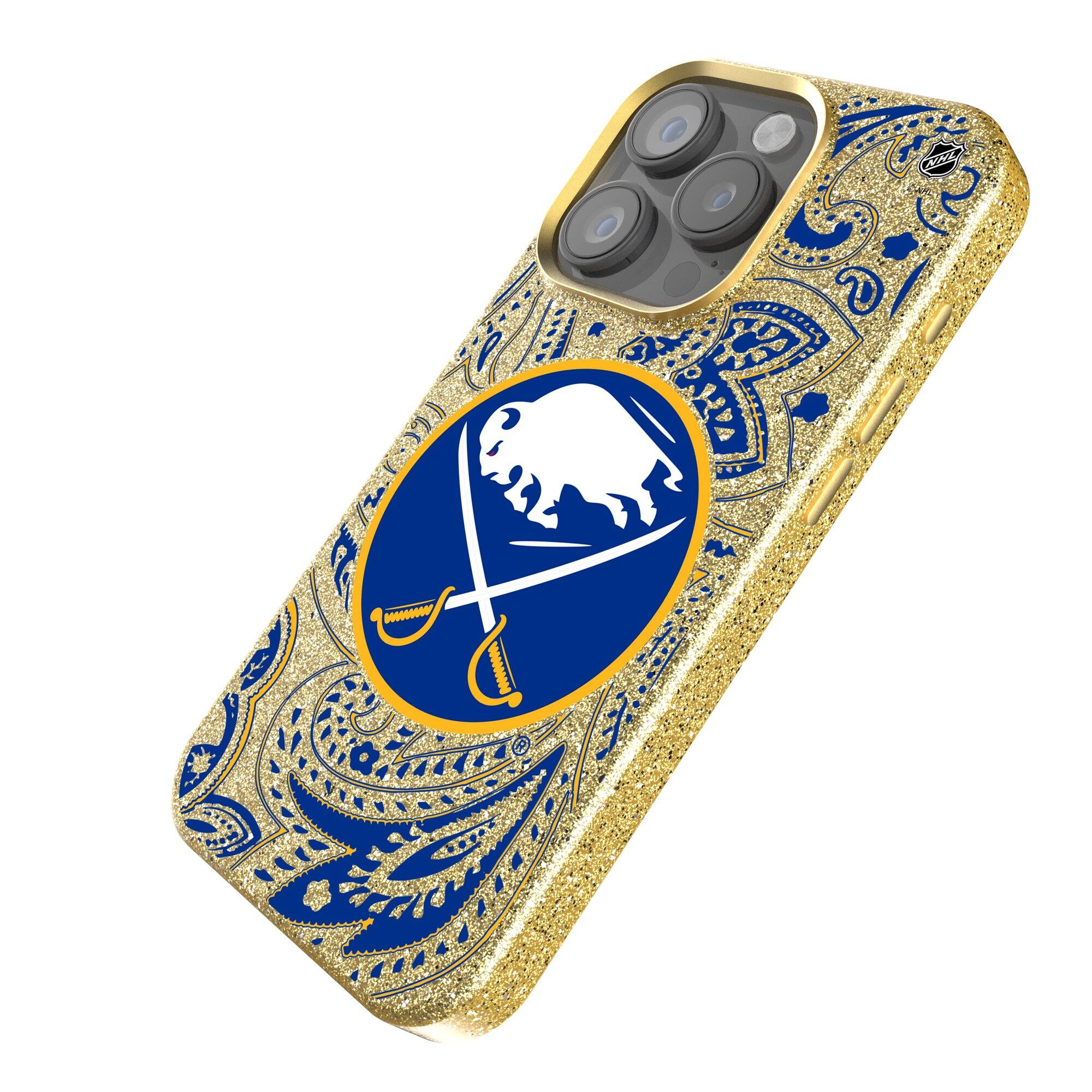 Alt View 1. Keyscaper - Gold Buffalo Sabres Paisley Bling iPhone Case - 14 Pro Max - Gold.
