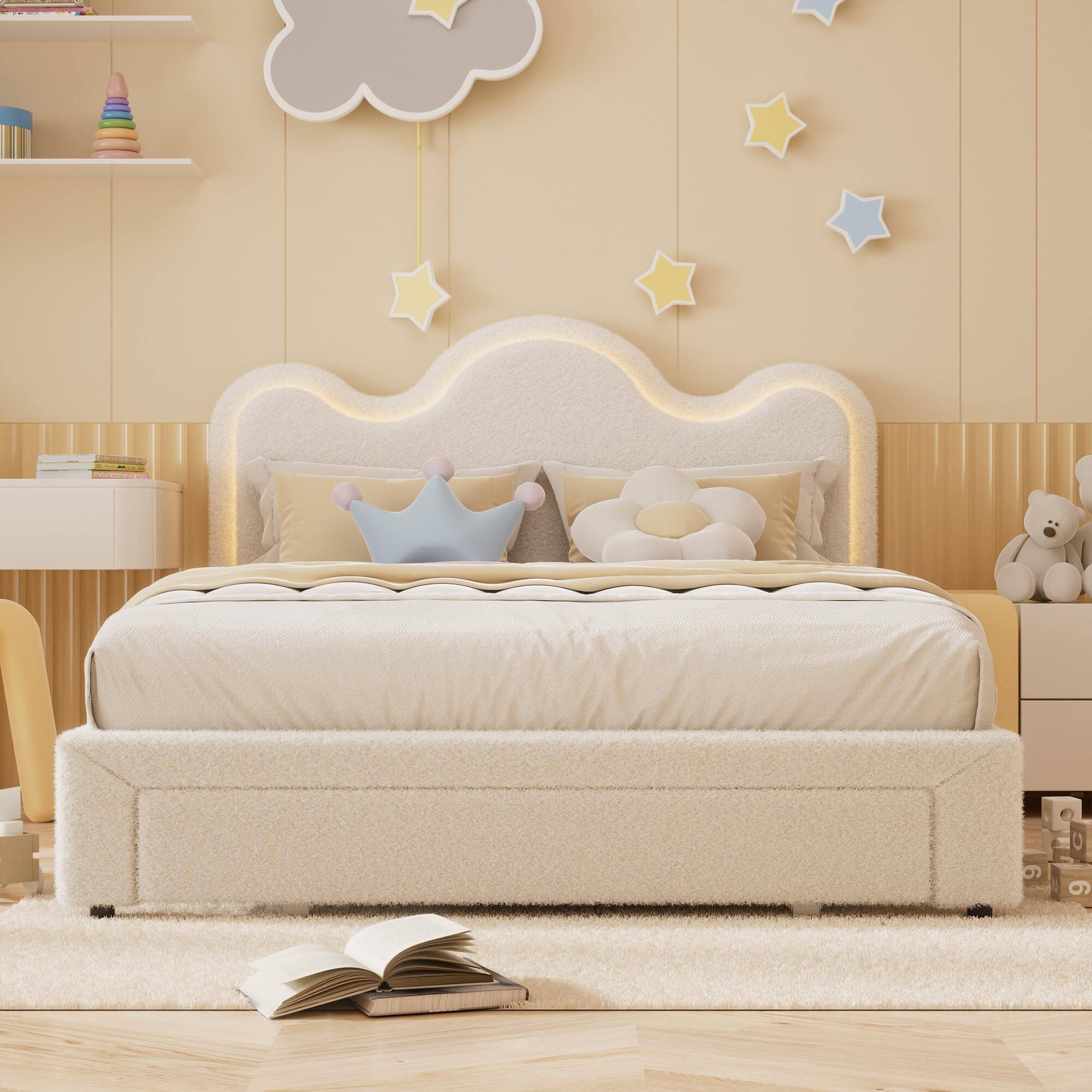 Front. Babevy - King Size Bed Frame for Kids, Platform Bed with Adjustable Boucle Headboard, LED Lights & Drawer, No Box Spring Needed - White.