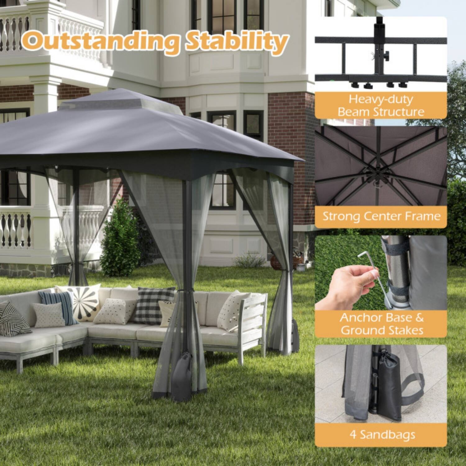 Outstanding Stability  
Heavy-duty Beam Structure  
Strong Center Frame  
Anchor Base & Ground Stakes  
4 Sandbags