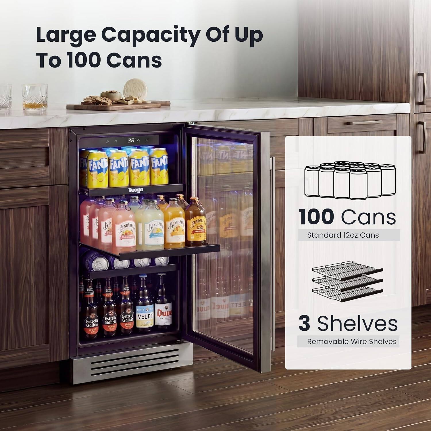 Large Capacity Of Up To 100 Cans

36 FA FANT FANT FANT FANT Yongo

100 Cans Standard 12oz Cans

3 Shelves Removable Wire Shelves