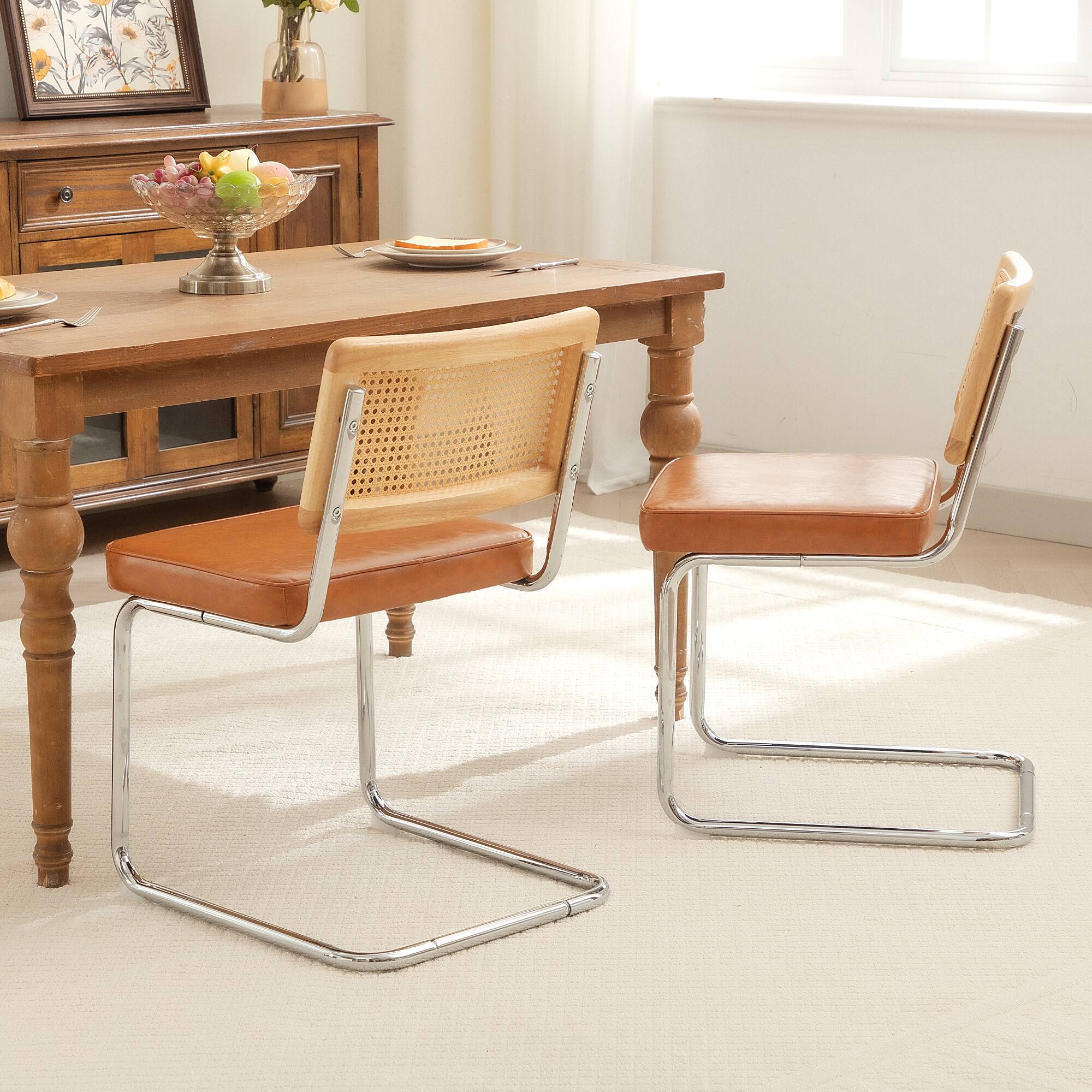 Alt View 4. KERDOM - 2 Pcs Natural Rattan Dining Chairs, PU Leather Seat Cane Back Corner Chair, Cantilever Garden Patio Chair, Cesca Style - Brown.