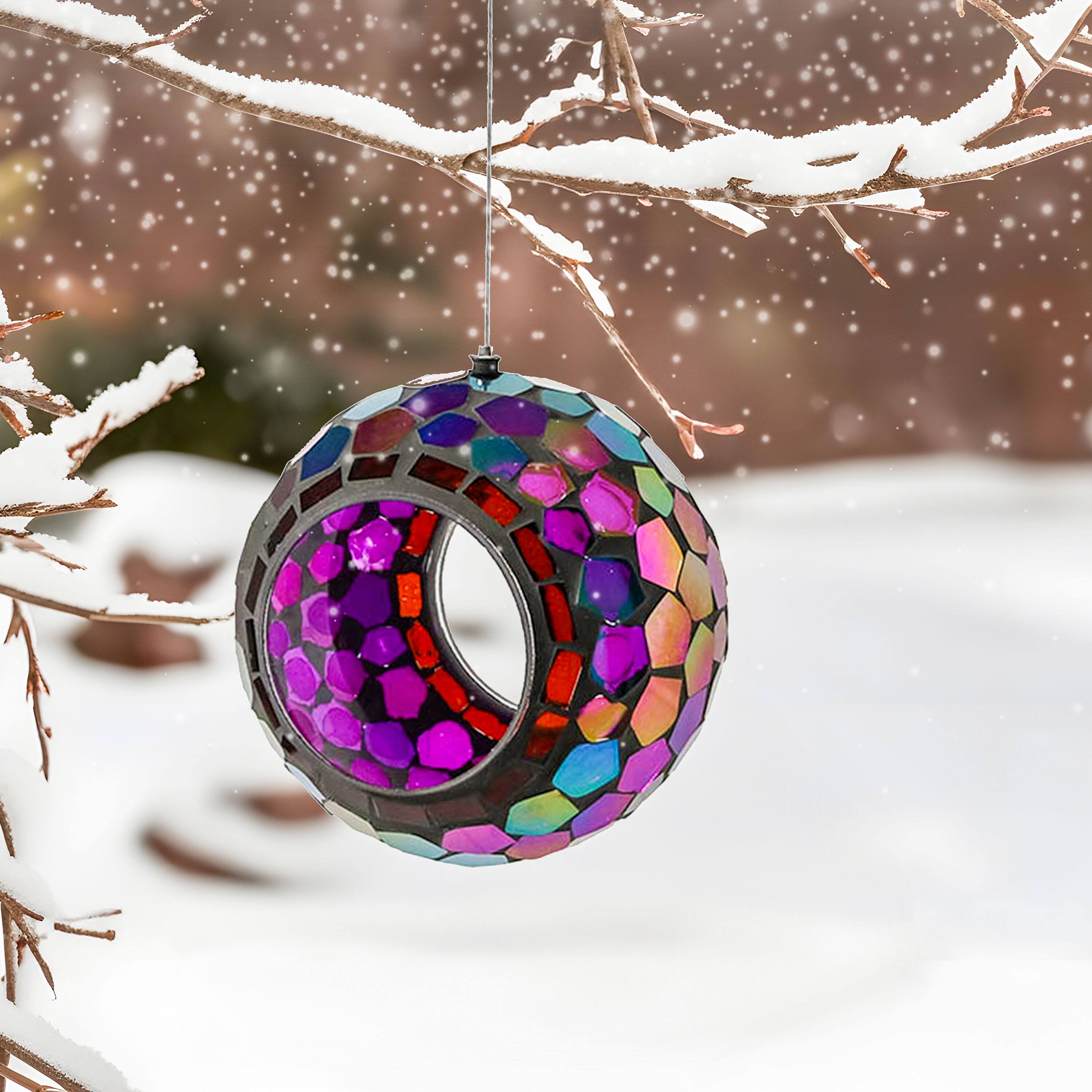 Alt View 10. Sunnydaze - Round Mosaic Fly-Through Hanging Bird Feeder - 6 in - Iridescent Purple Mosaic.