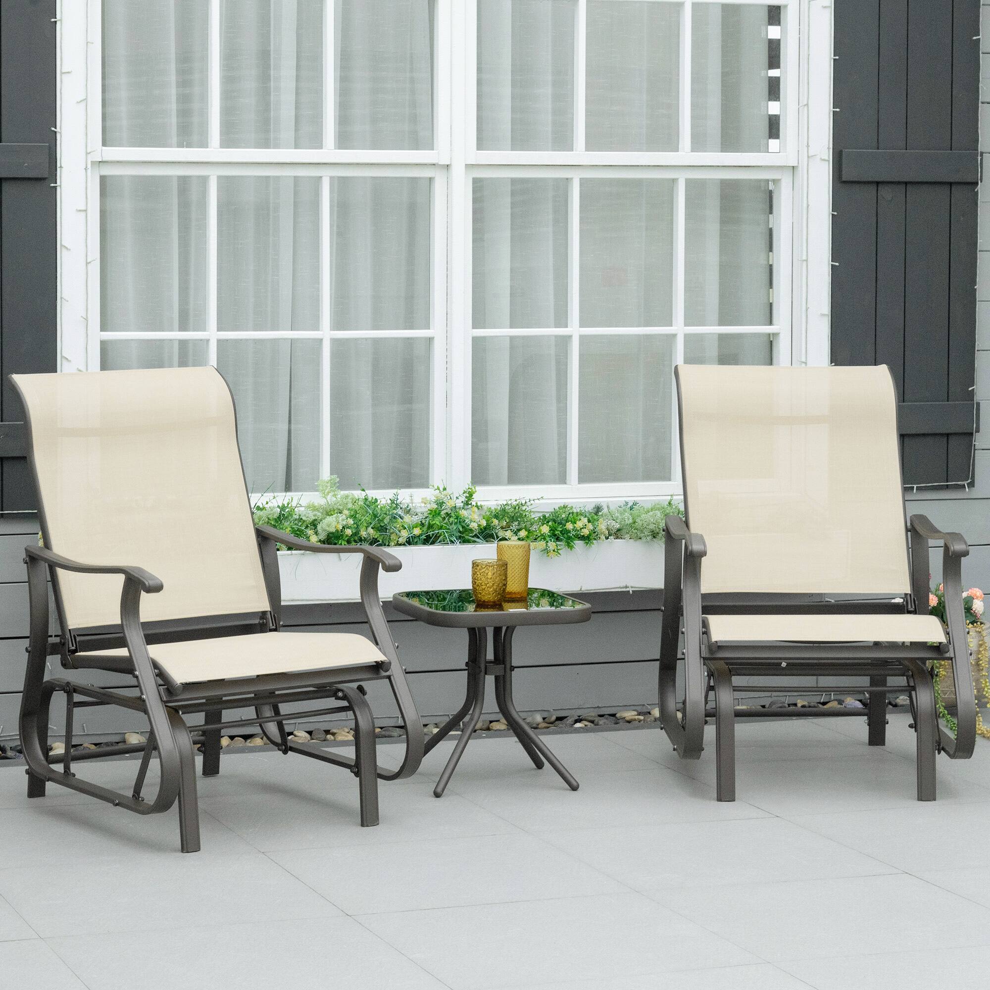 Alt View 1. Outsunny - 3-Piece Outdoor Gliders Set Bistro Set with Steel Frame, Tempered Glass Top Table for Patio, Garden, Backyard, Lawn - Beige.