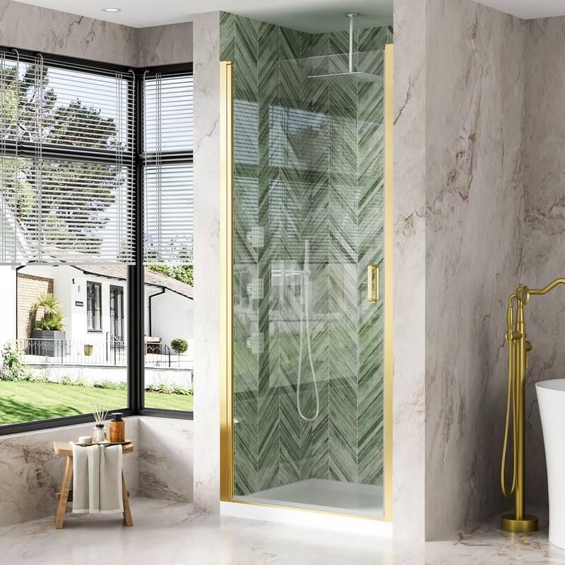 Alt View 1. WELLFOR - 34-7/16"-36"W x 72" H Semi-Frameless Pivot Shower Door -1/4 in. Tempered Glass, Easy Clean Coating - Brushed Gold.