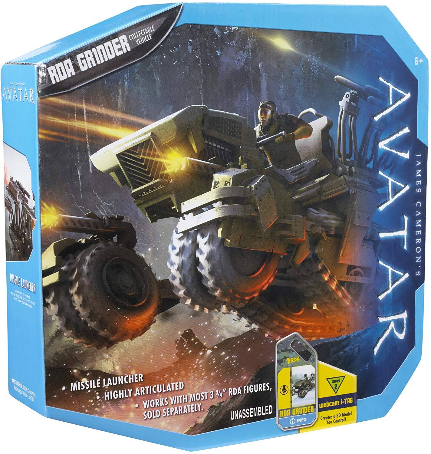 Sure, here is the corrected and grouped text from the image:

---

**RDA GRINDER**  
COLLECTABLE VEHICLE

**AVATAR**  
JAMES CAMERON'S AVATAR

**Features:**
- MISSILE LAUNCHER
- HIGHLY ARTICULATED
- WORKS WITH MOST 3 3/4" RDA FIGURES
- SOLD SEPARATELY

**UNASSEMBLED**

**Level 2**  
webcam i-TRG  
Creates 3D Model You Control!

**RDA GRINDER**  
UNASSEMBLED

**30 Model INPO Creates Centrall < Tou 6+**

---

This text is grouped and corrected based on the visible elements in the image.