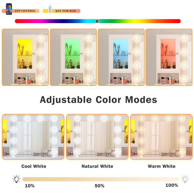 APP CONTROL  
KEY FOR RGB  

Adjustable Color Modes  
Cool White  
Natural White  
Warm White  

10%  
50%  
100%