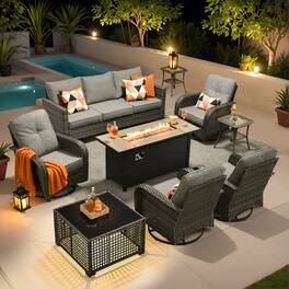 Ovios - 9 PCS Patio Furniture with 54" Fire Pit Table, 3 Seat Sofa with Swivel Chair, Side Table & Coffee Table - Dark Gray