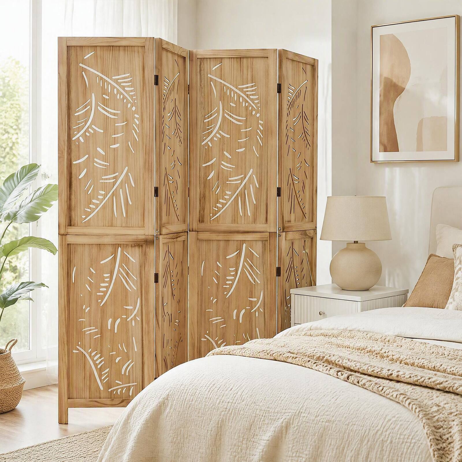 Costway 4 Panel Wooden Room Divider Privacy Screen with Palm Leaf ...