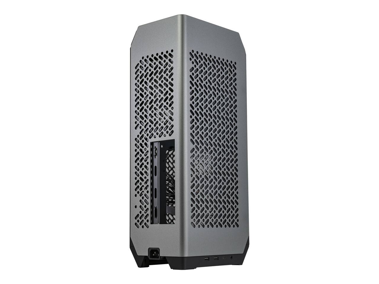 Left. Cooler Master - Cooler Master NCORE 100 MAX ITX Case, 120mm AIO, 850W SFX PSU, 4 Slot GPU, Vertical Mount, PCIe 4.0 Riser, USB C - Anodized Aluminum.